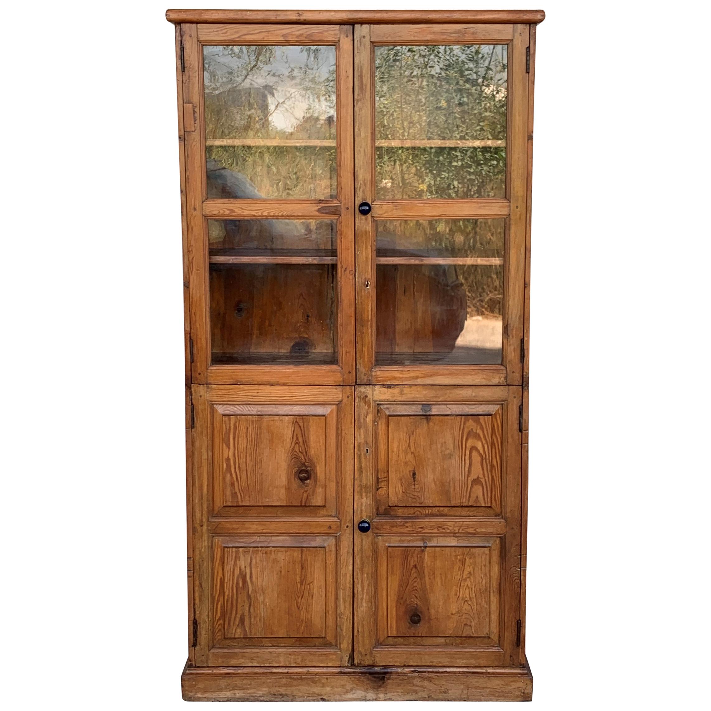 19th Century Large Cupboard or Bookcase with Glass Vitrine, Pine, Spain Restored