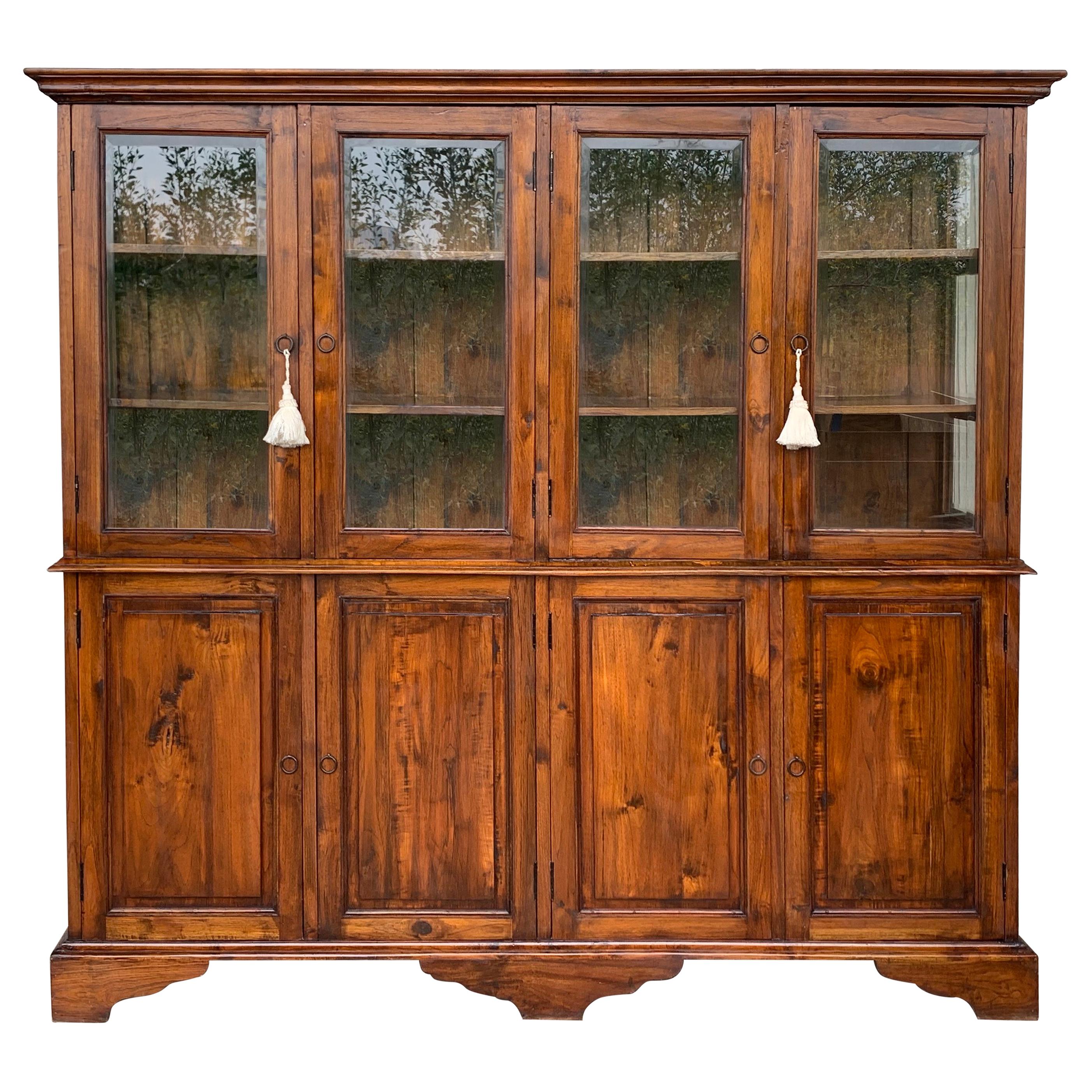 19th Century Large Cupboard or Bookcase with Glass Vitrine, Pine, Spain Restored For Sale