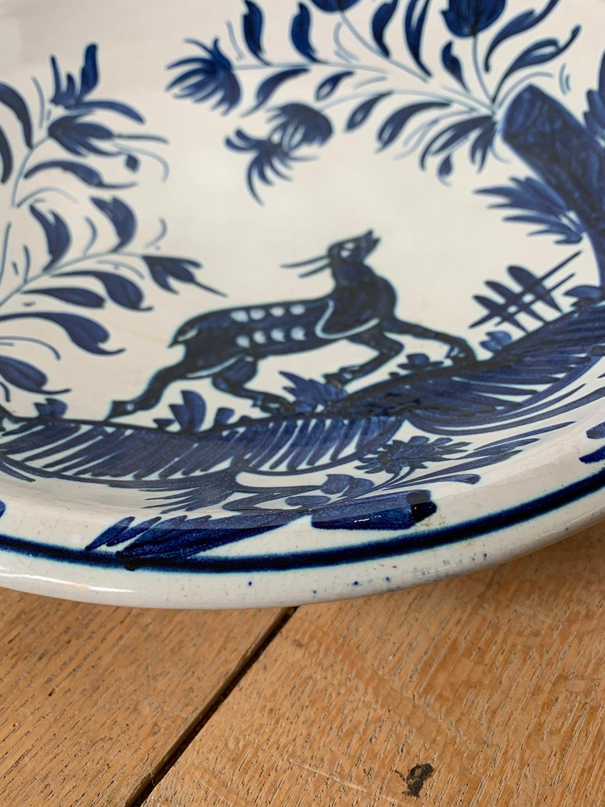 19th Century Large Delft Blue and White Charger with Deer, Unmarked 4