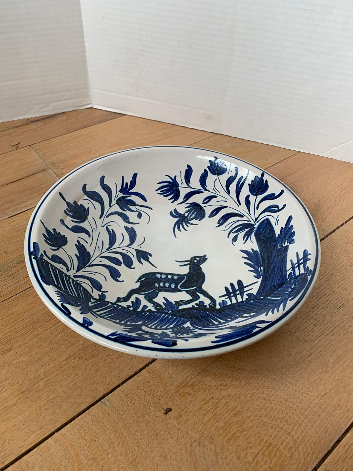 19th century large delft blue and white charger with deer, unmarked.