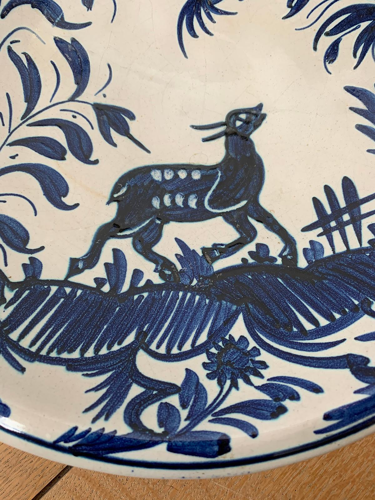 19th Century Large Delft Blue and White Charger with Deer, Unmarked 6