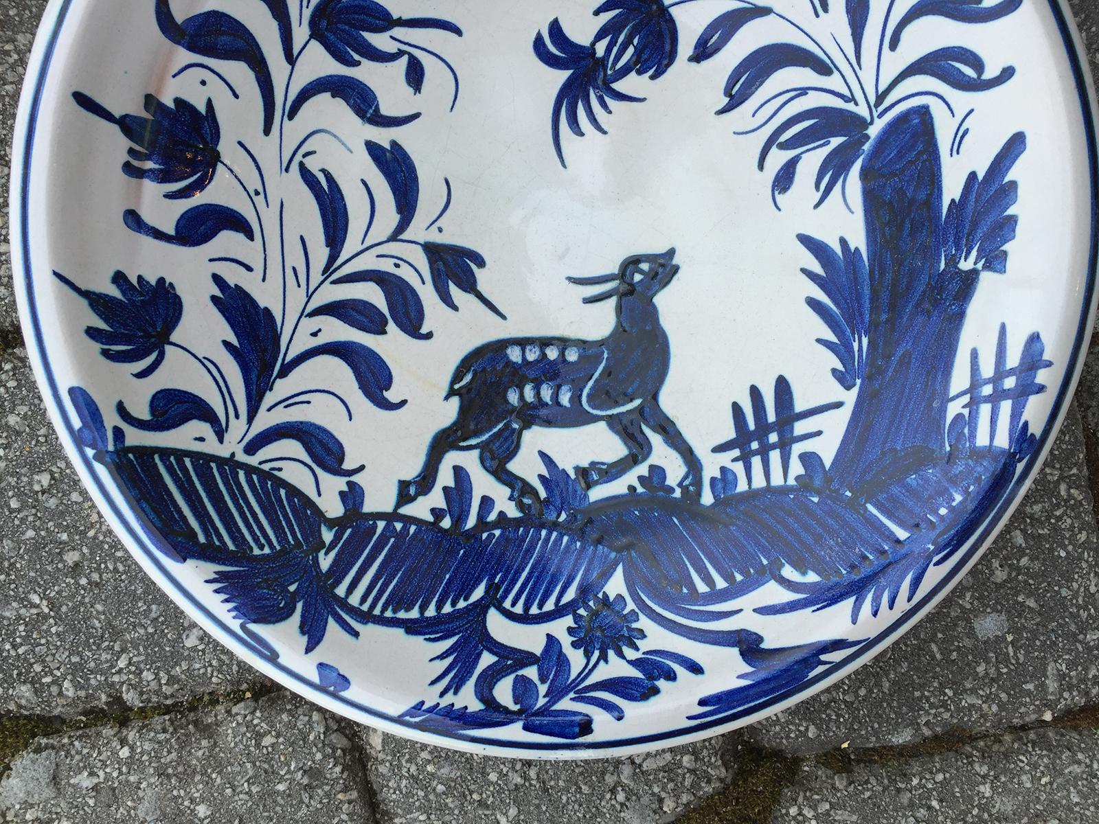 19th Century Large Delft Blue and White Charger with Deer, Unmarked In Good Condition In Atlanta, GA