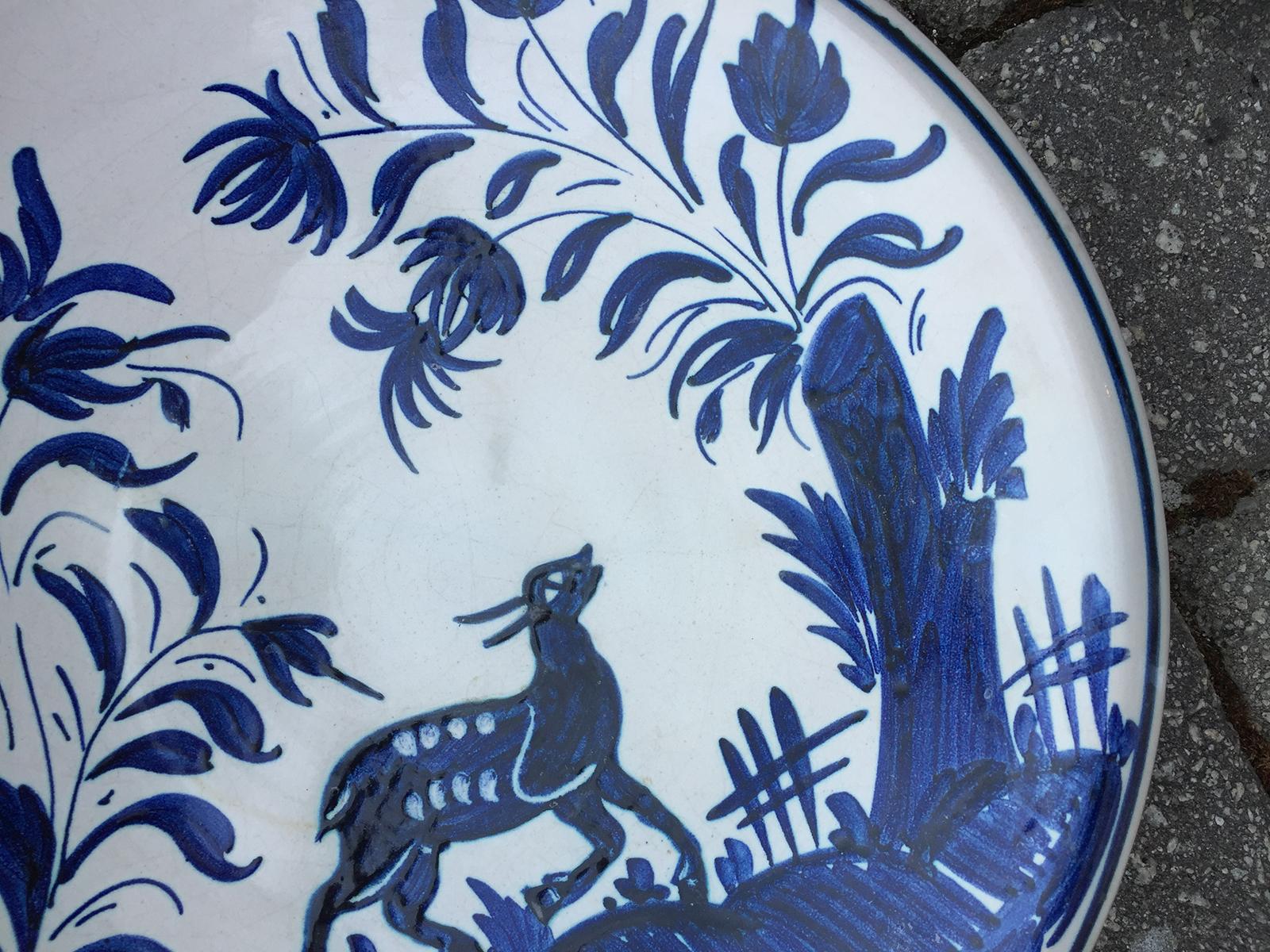 19th Century Large Delft Blue and White Charger with Deer, Unmarked 1