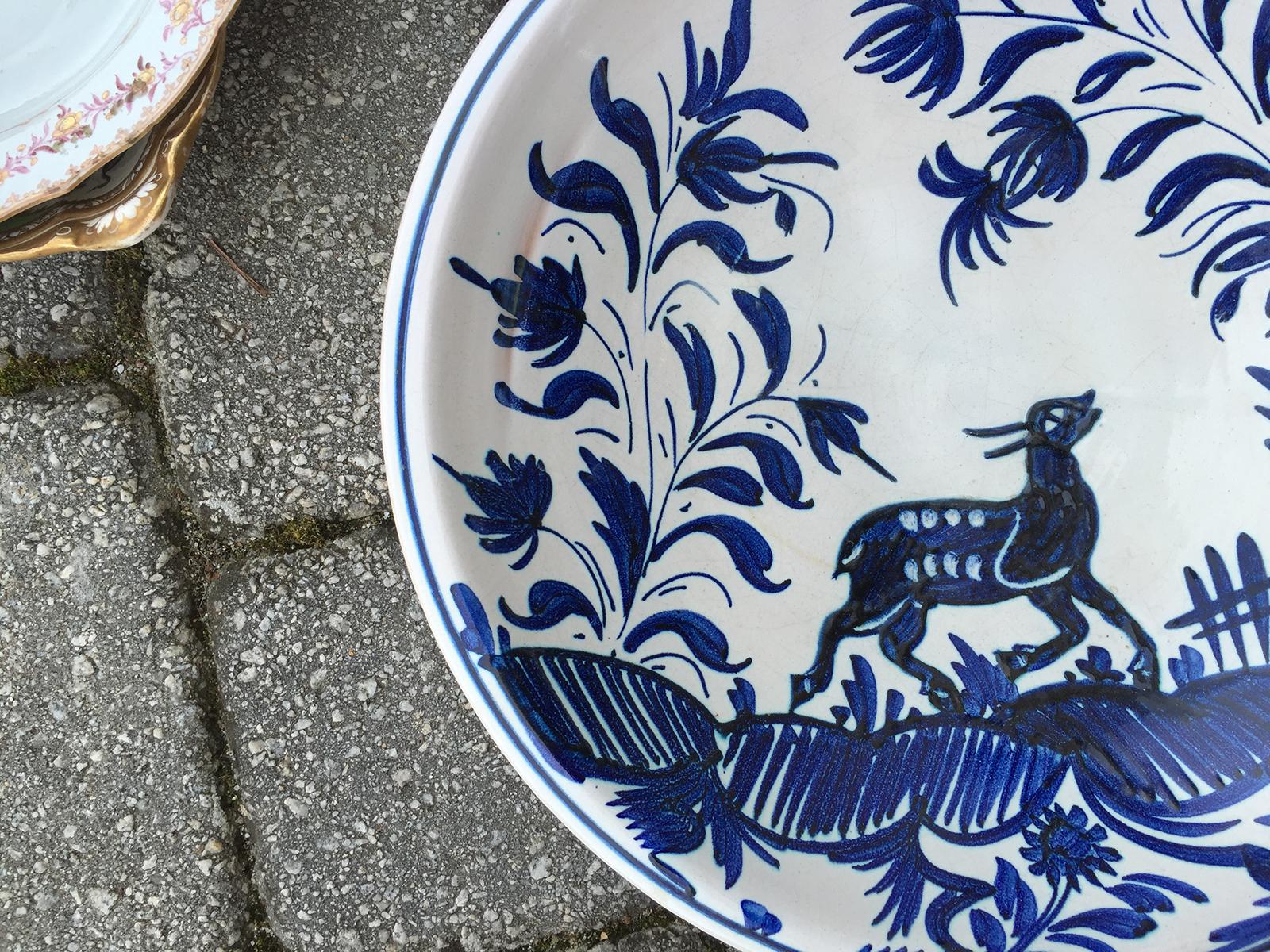 19th Century Large Delft Blue and White Charger with Deer, Unmarked 2