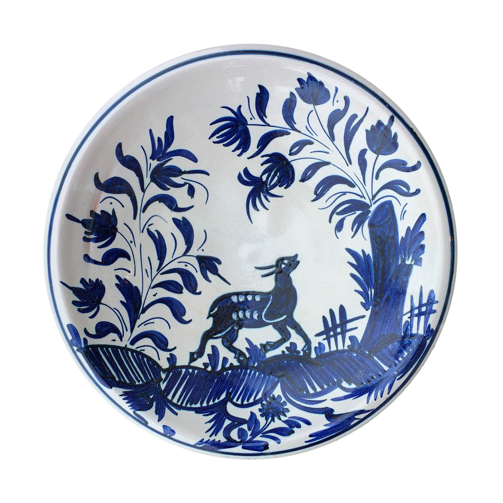 19th Century Large Delft Blue and White Charger with Deer, Unmarked