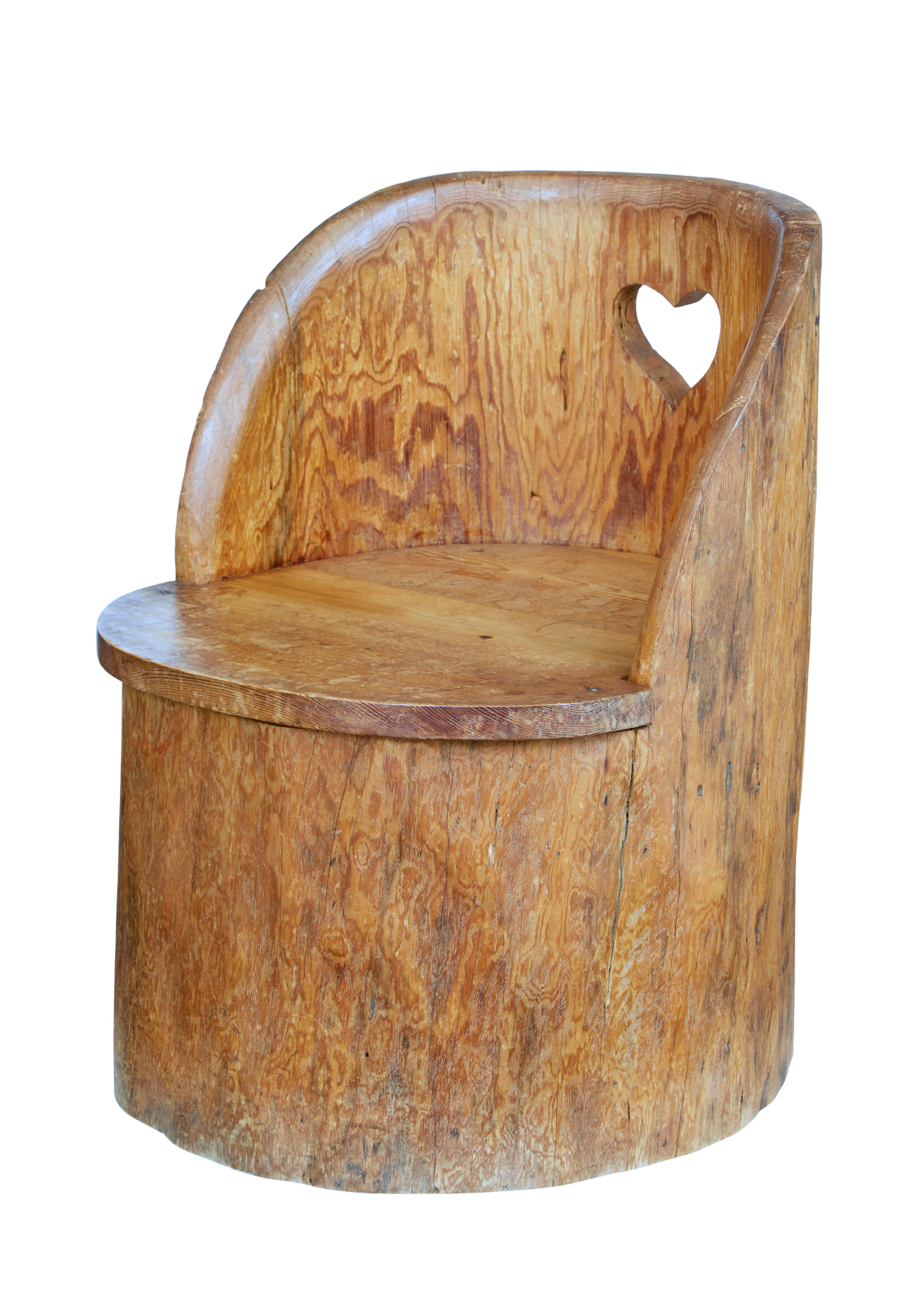 Hand-Carved 19th Century Large Dugout Rustic Pine Chair