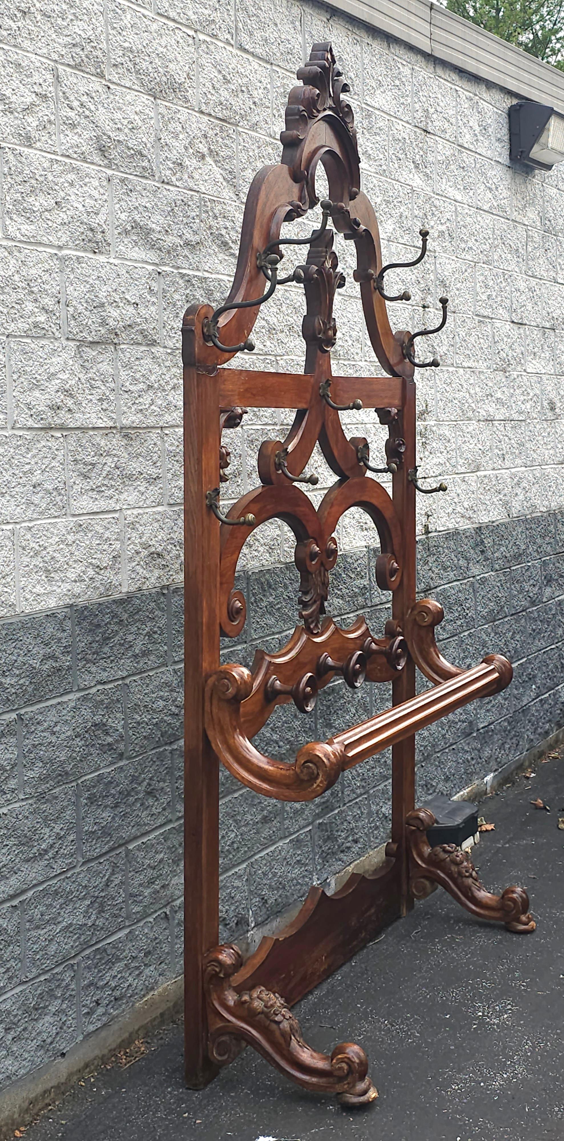 American 19th Century Large Eastlake Handcrafted Oak and Brass Coats and Hats Rack For Sale