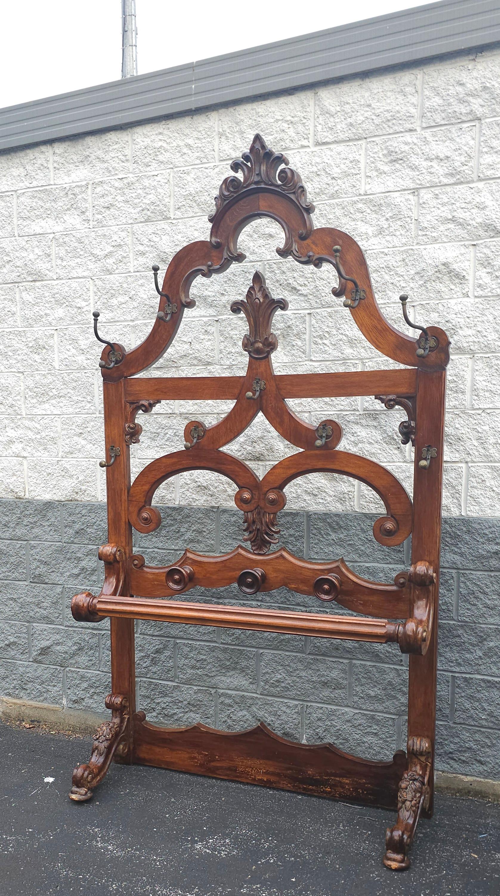 Hand-Carved 19th Century Large Eastlake Handcrafted Oak and Brass Coats and Hats Rack For Sale