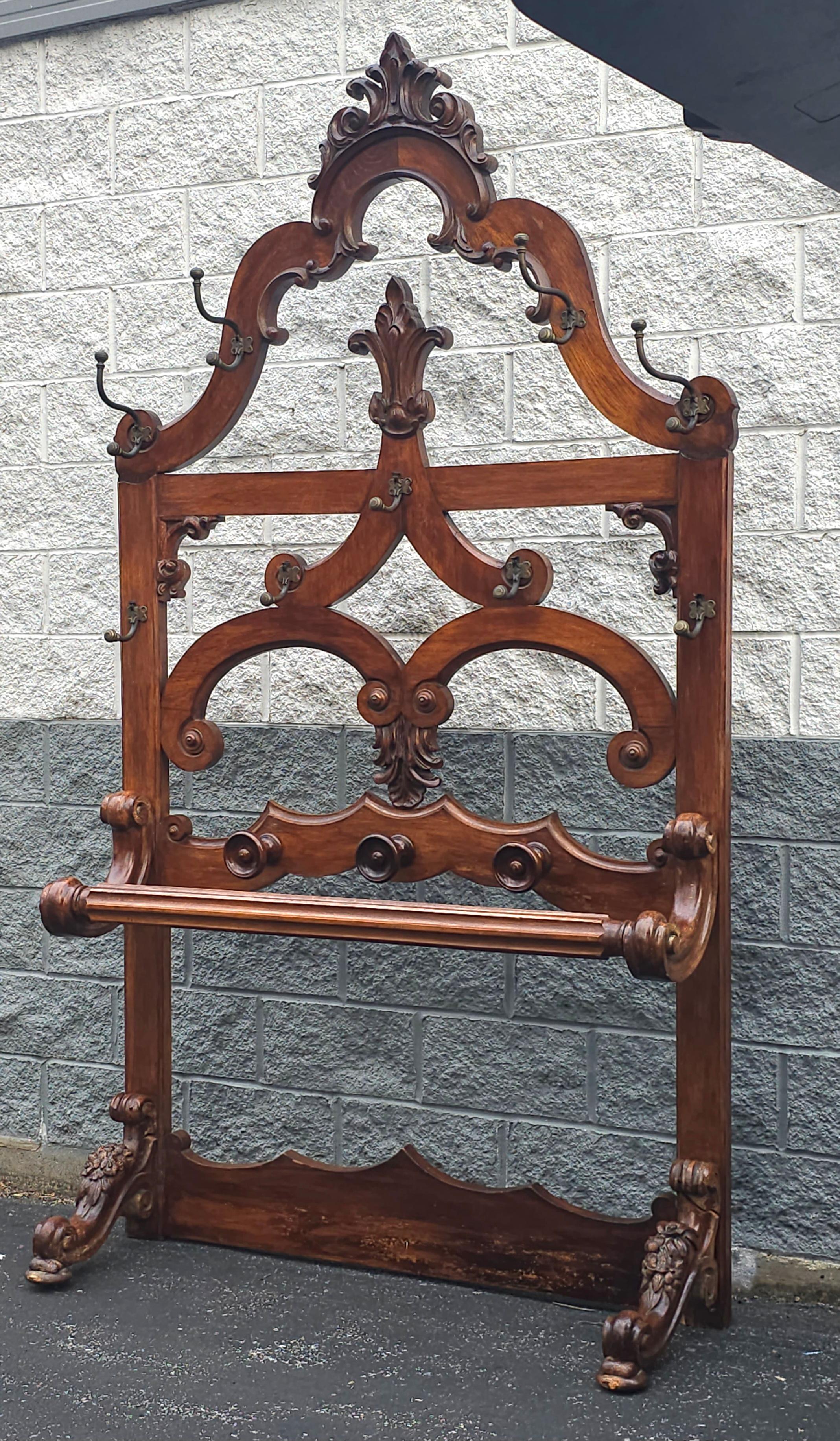 19th Century Large Eastlake Handcrafted Oak and Brass Coats and Hats Rack For Sale 1