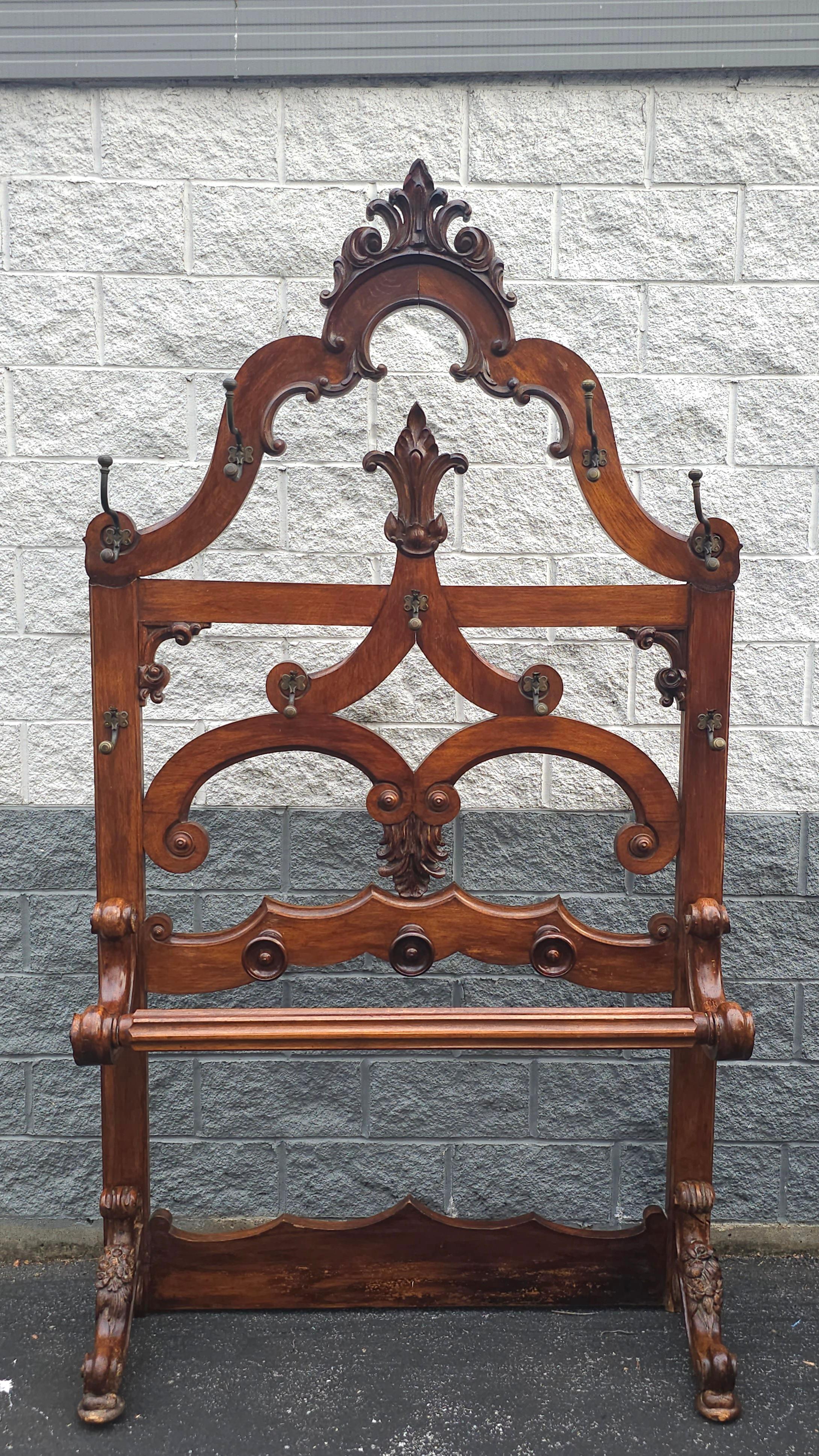 19th Century Large Eastlake Handcrafted Oak and Brass Coats and Hats Rack For Sale 2