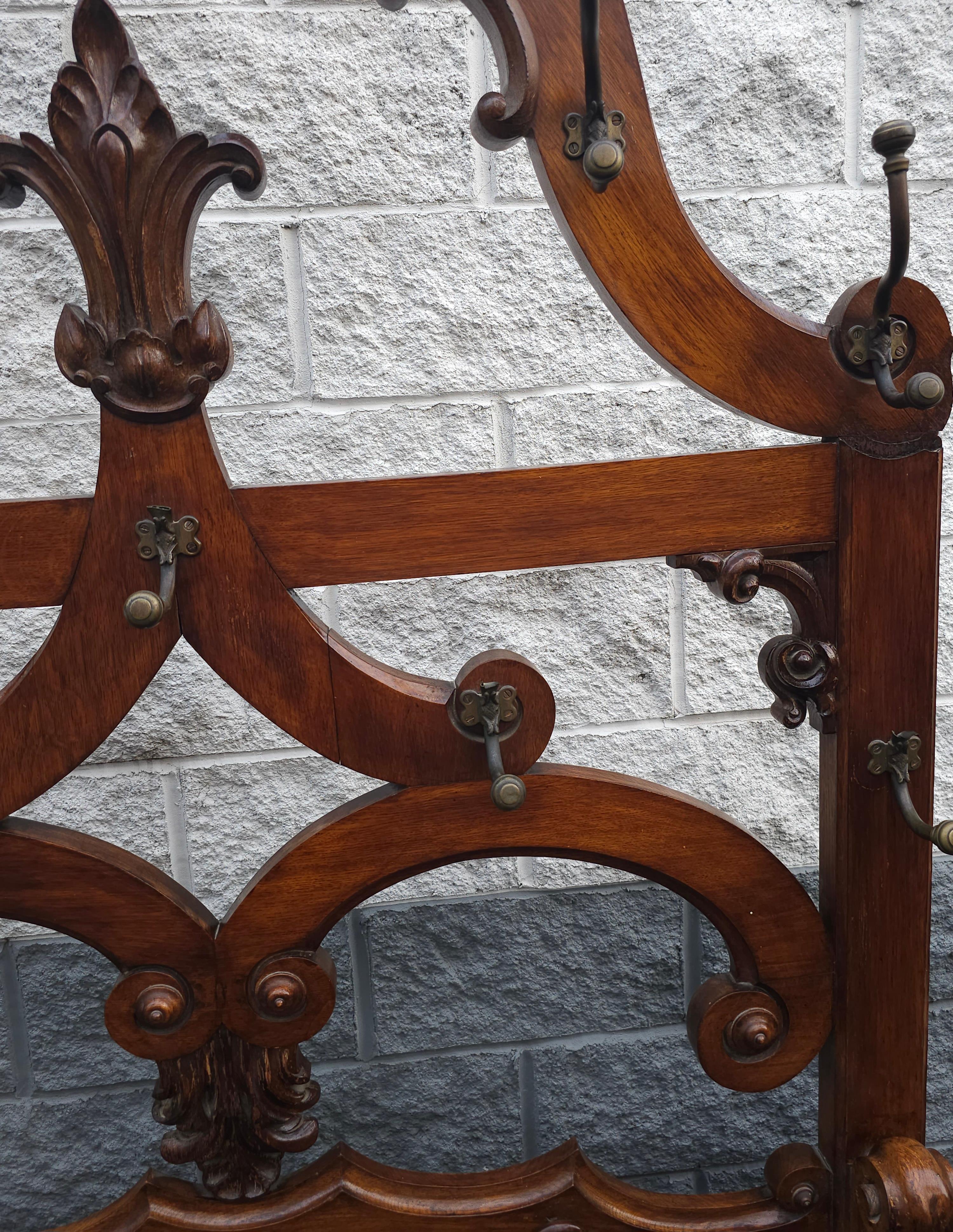 19th Century Large Eastlake Handcrafted Oak and Brass Coats and Hats Rack For Sale 3