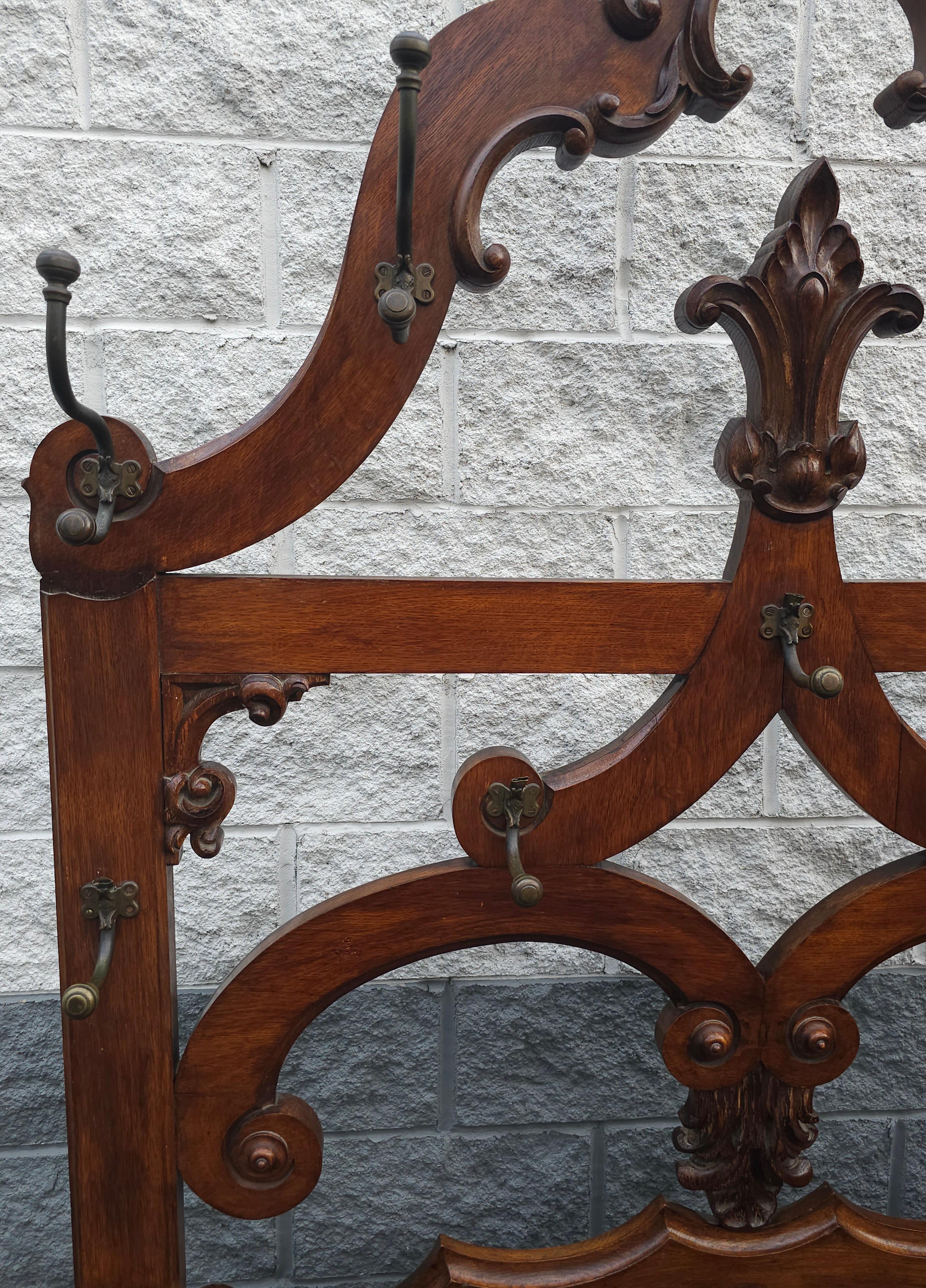 19th Century Large Eastlake Handcrafted Oak and Brass Coats and Hats Rack For Sale 4