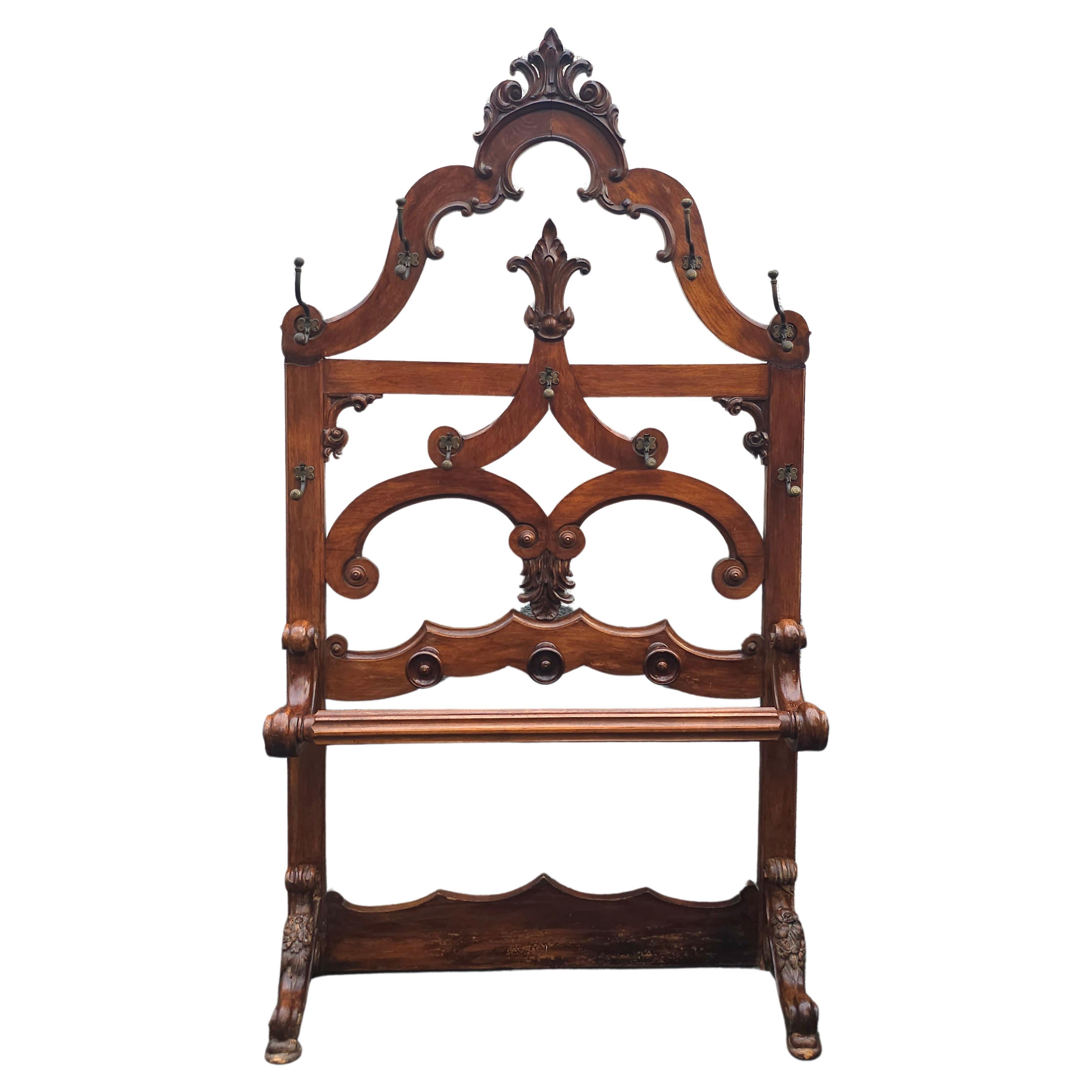 19th Century Large Eastlake Handcrafted Oak and Brass Coats and Hats Rack For Sale