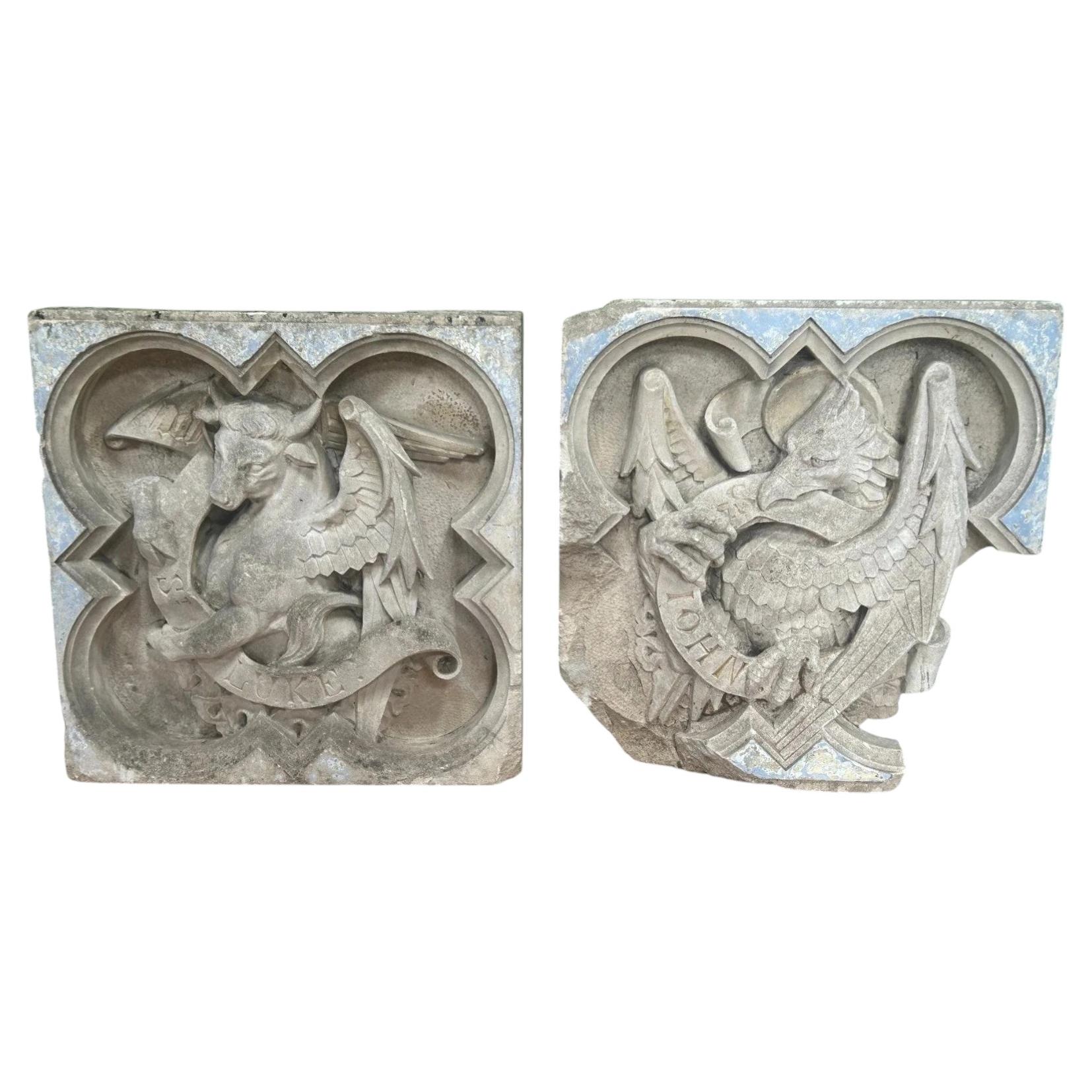 19th Century Large Ecclesiastical Stone Altar Plaques with Religious Reliefs