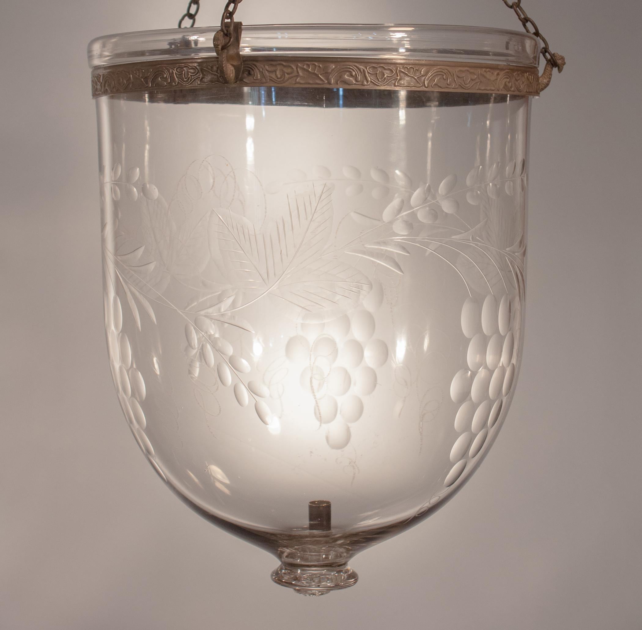 19th Century Large English Bell Jar Lantern with Grape Leaf Etching 5