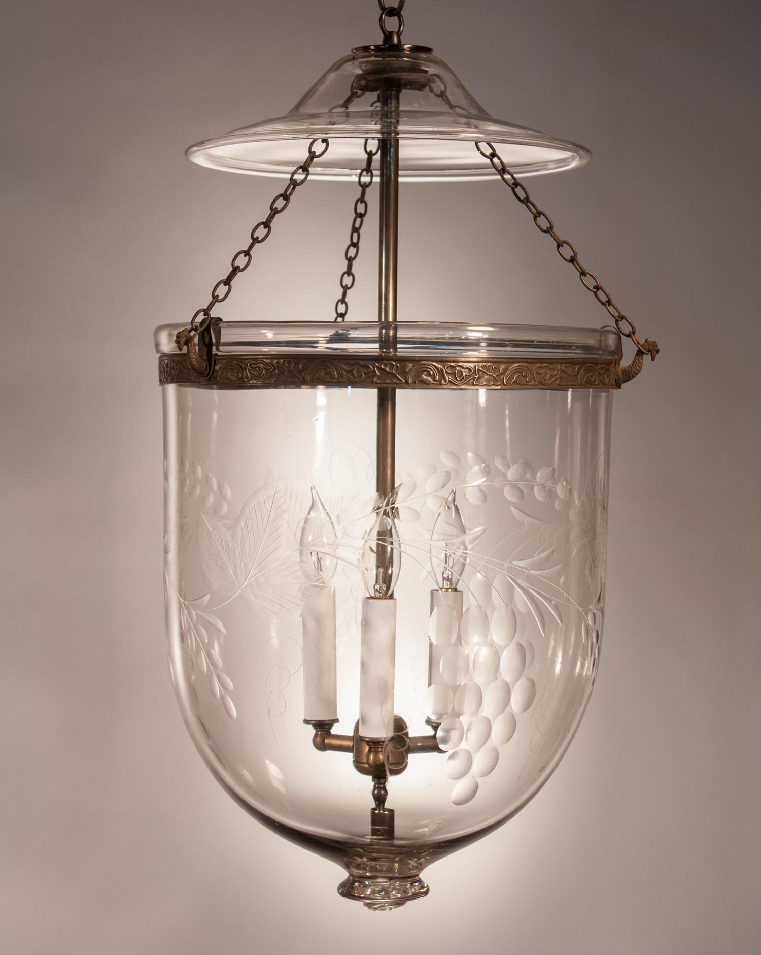 Victorian 19th Century Large English Bell Jar Lantern with Grape Leaf Etching