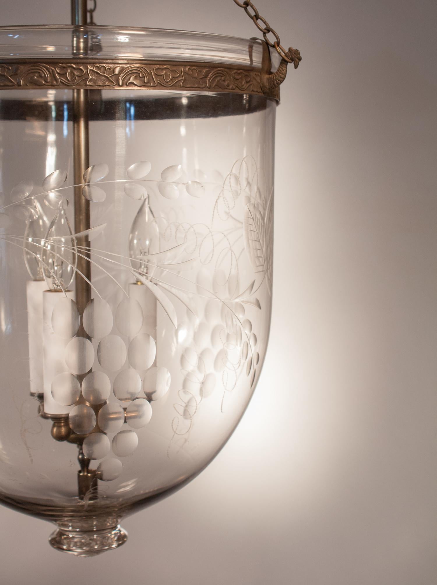 19th Century Large English Bell Jar Lantern with Grape Leaf Etching In Excellent Condition In Heath, MA