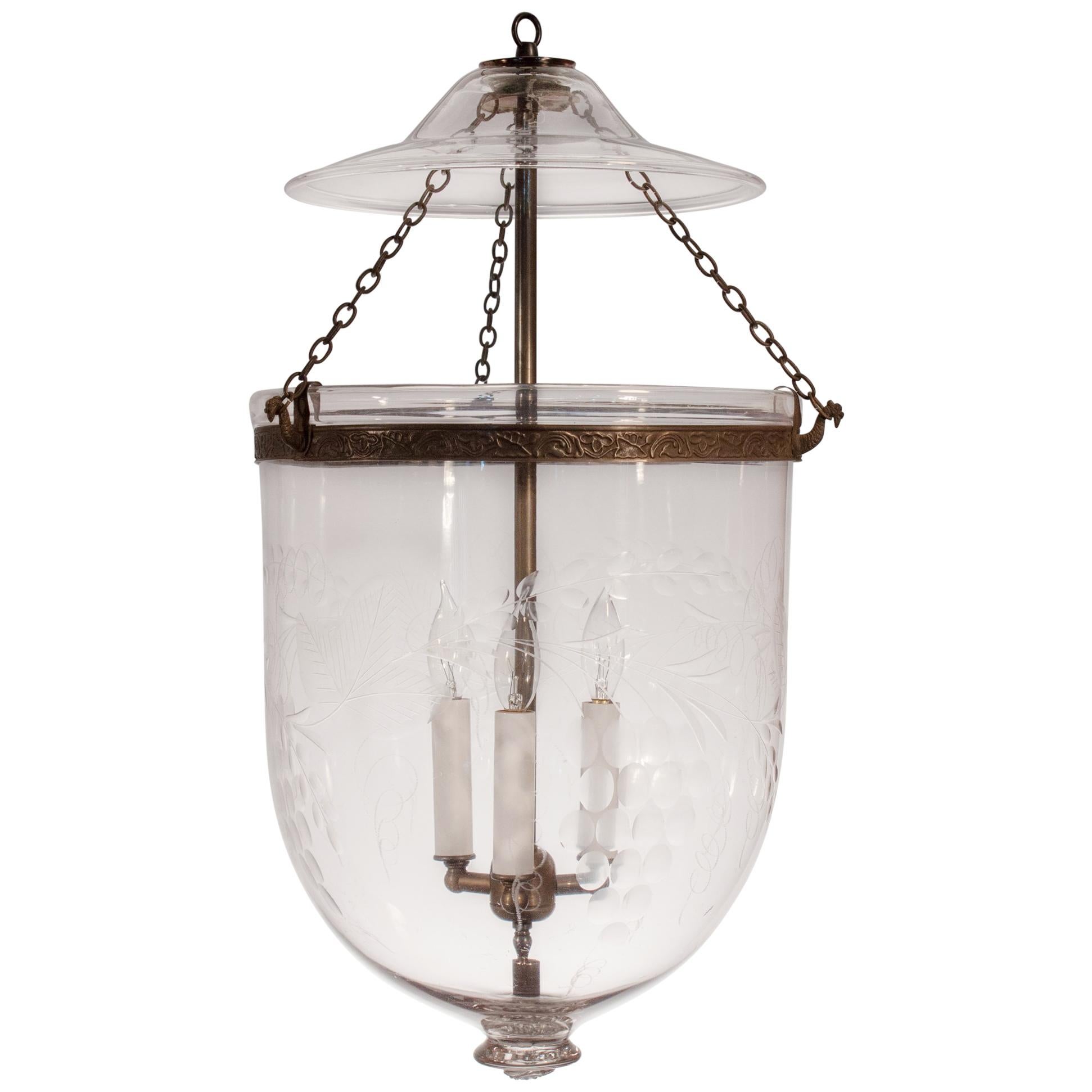 19th Century Large English Bell Jar Lantern with Grape Leaf Etching