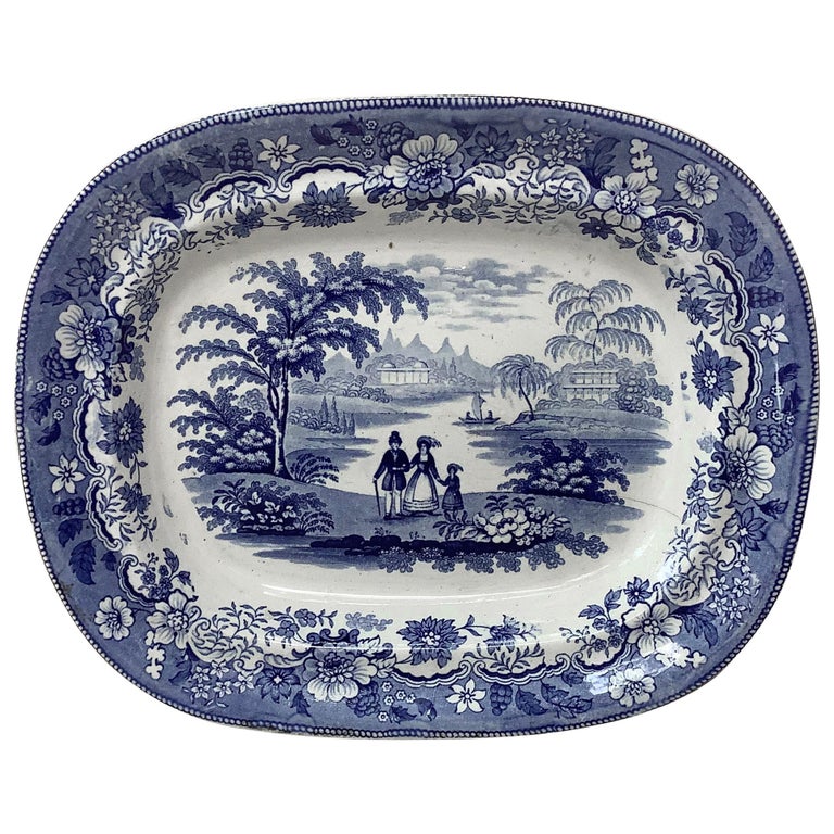 19th Century Large English Blue and White Ironstone Platter Eton