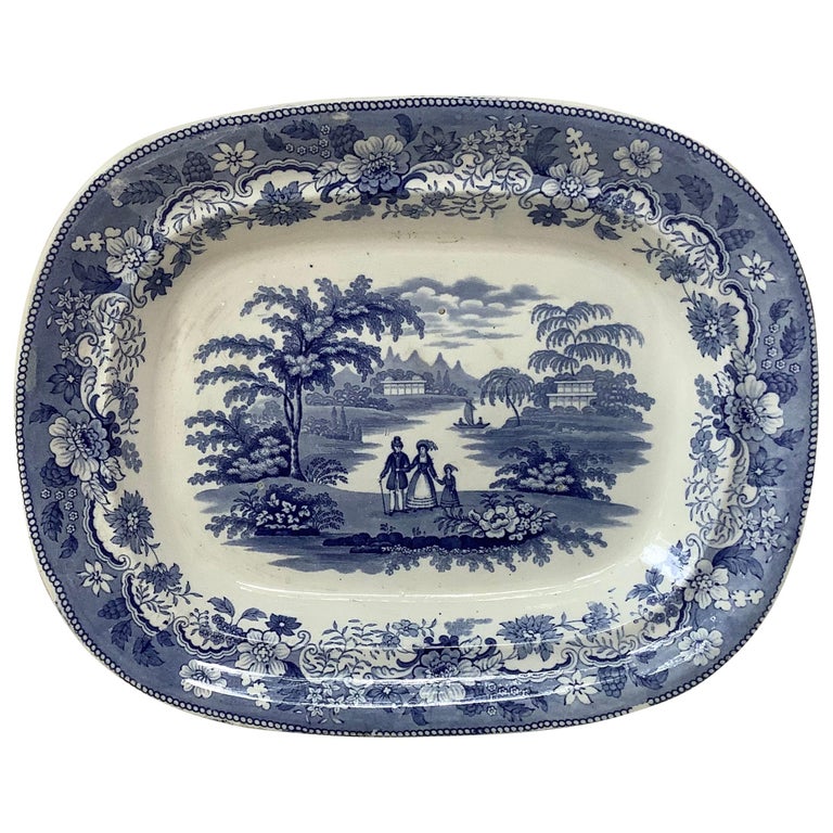 19thCentury Large English Blue and White Ironstone Platter Eton