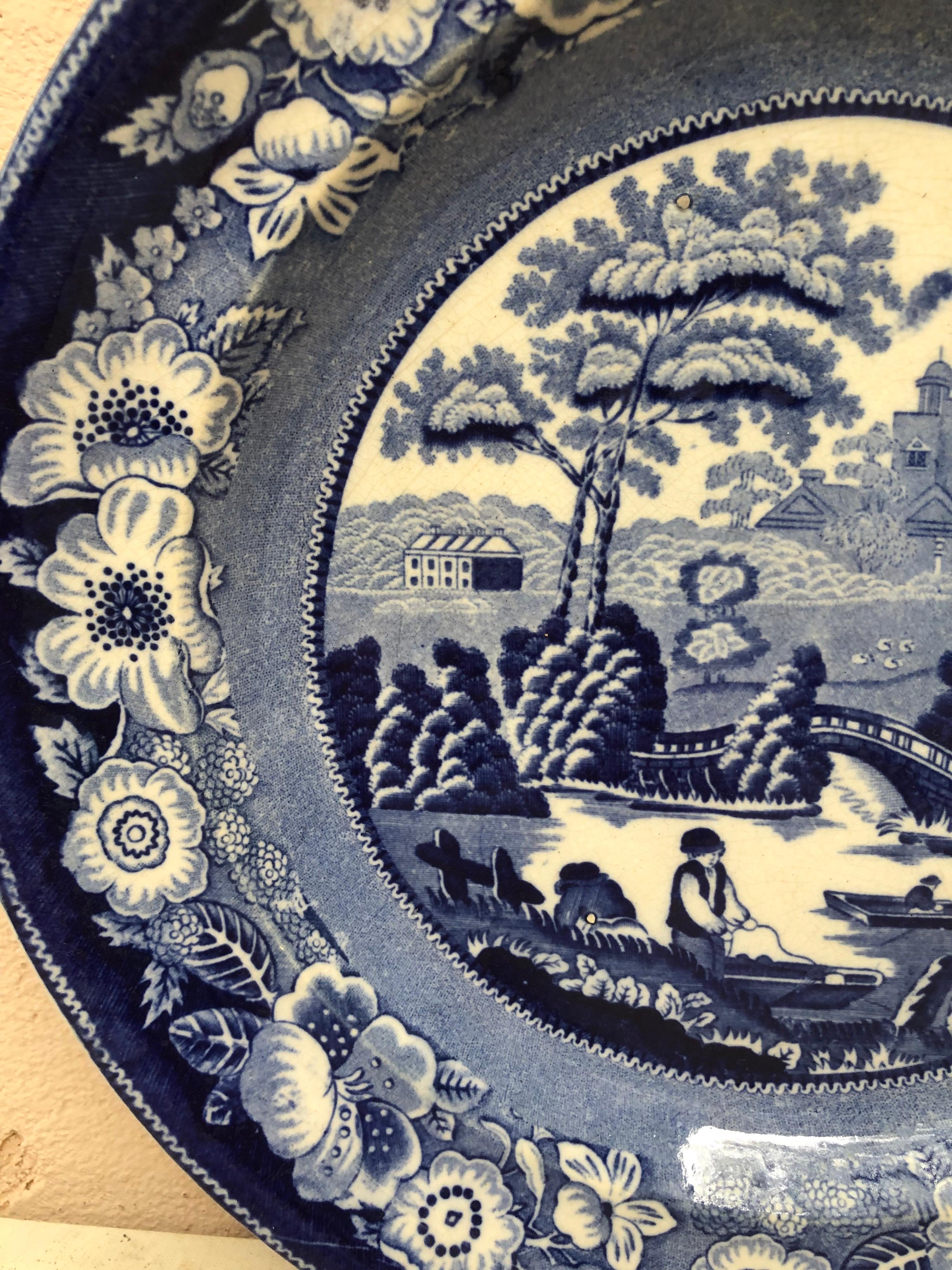 Victorien Grande plaque anglaise bleue et blanche du 19ème siècle en vente