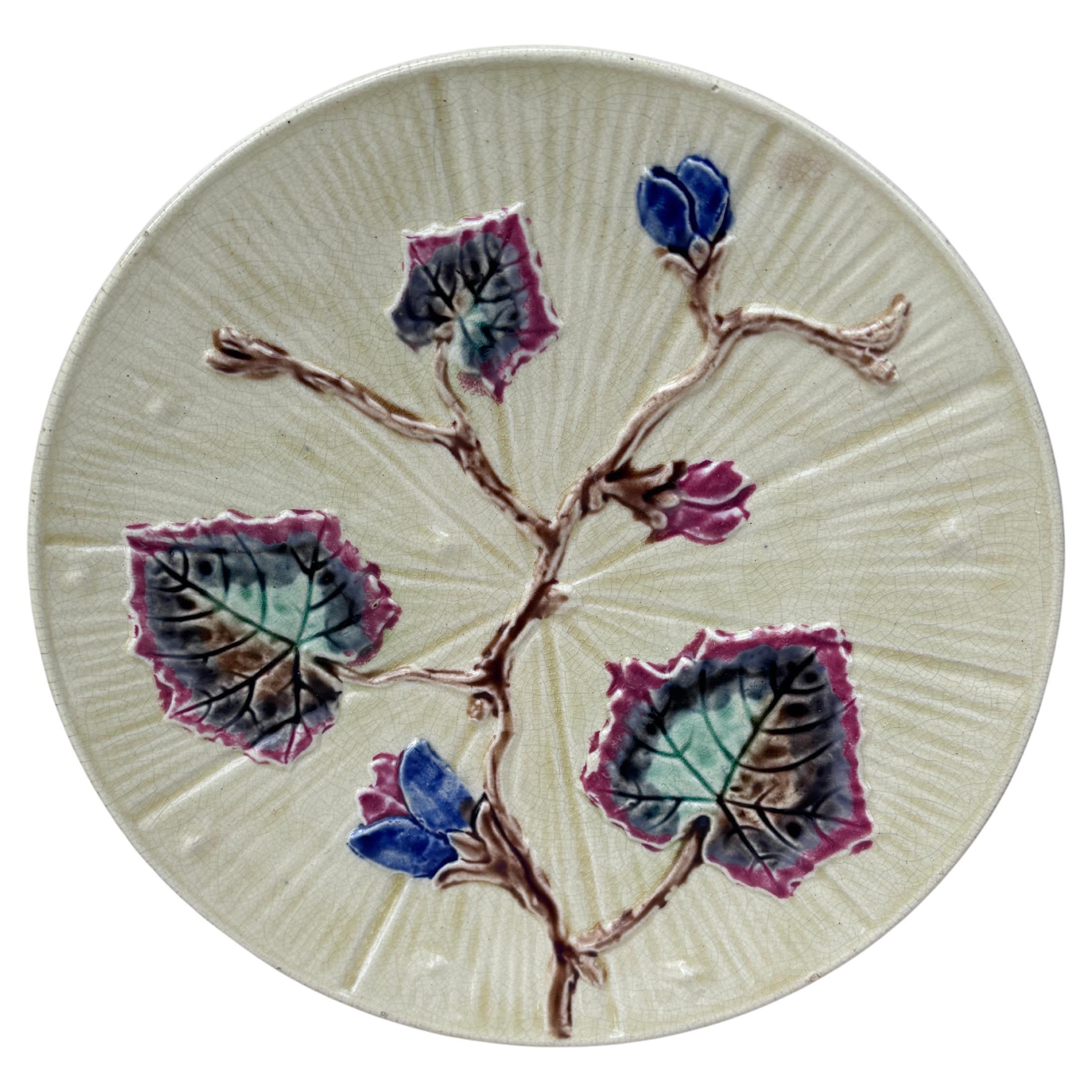 19th Century Large English Majolica Leaves & Blue Flowers Plate