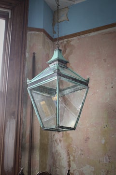 19th Century Large English Victorian Pagoda Verdigris Copper Glazed Lantern