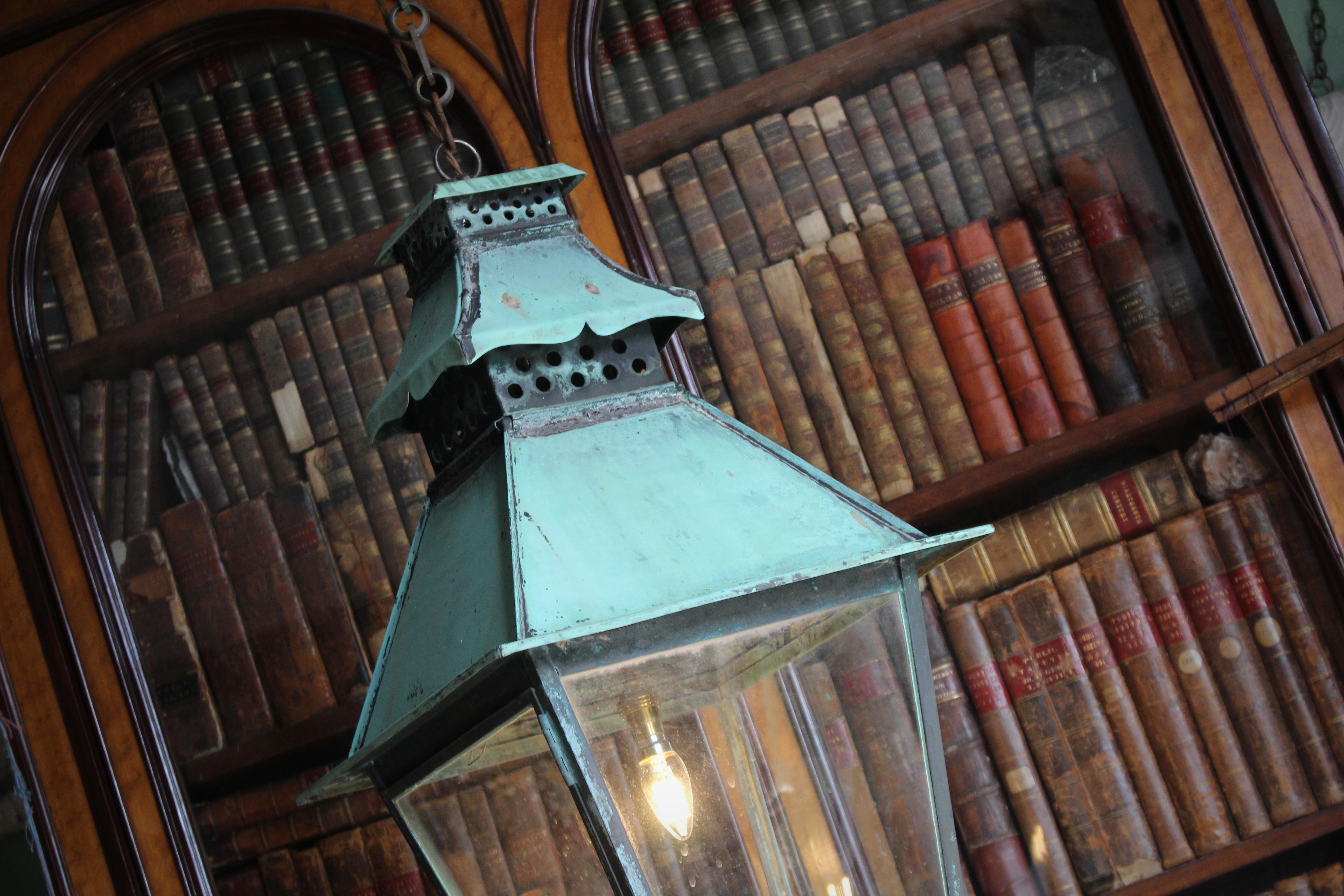 Early Victorian 19th Century Large English Victorian Pagoda Verdigris Copper Glazed Lantern For Sale