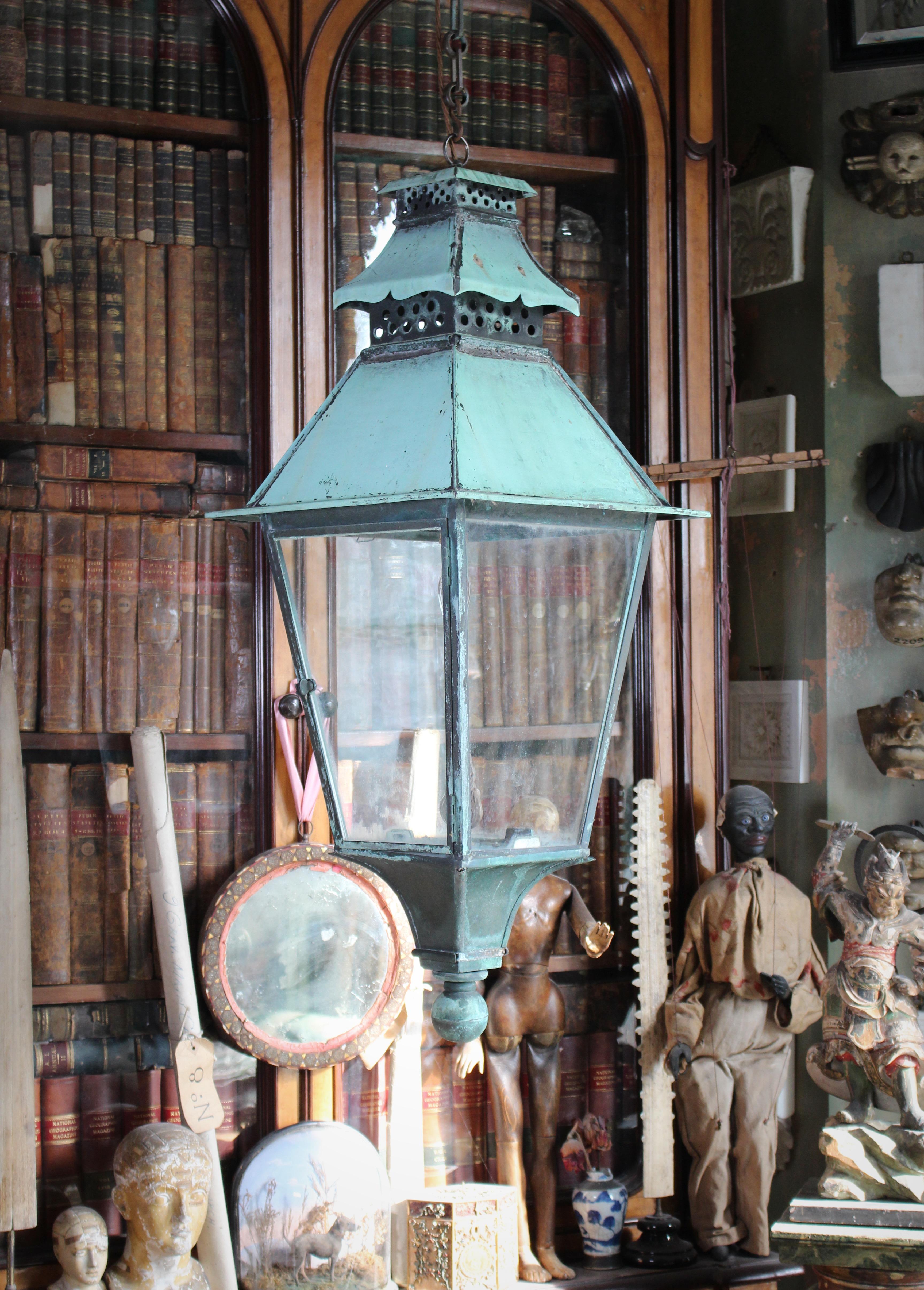 19th Century Large English Victorian Pagoda Verdigris Copper Glazed Lantern 1