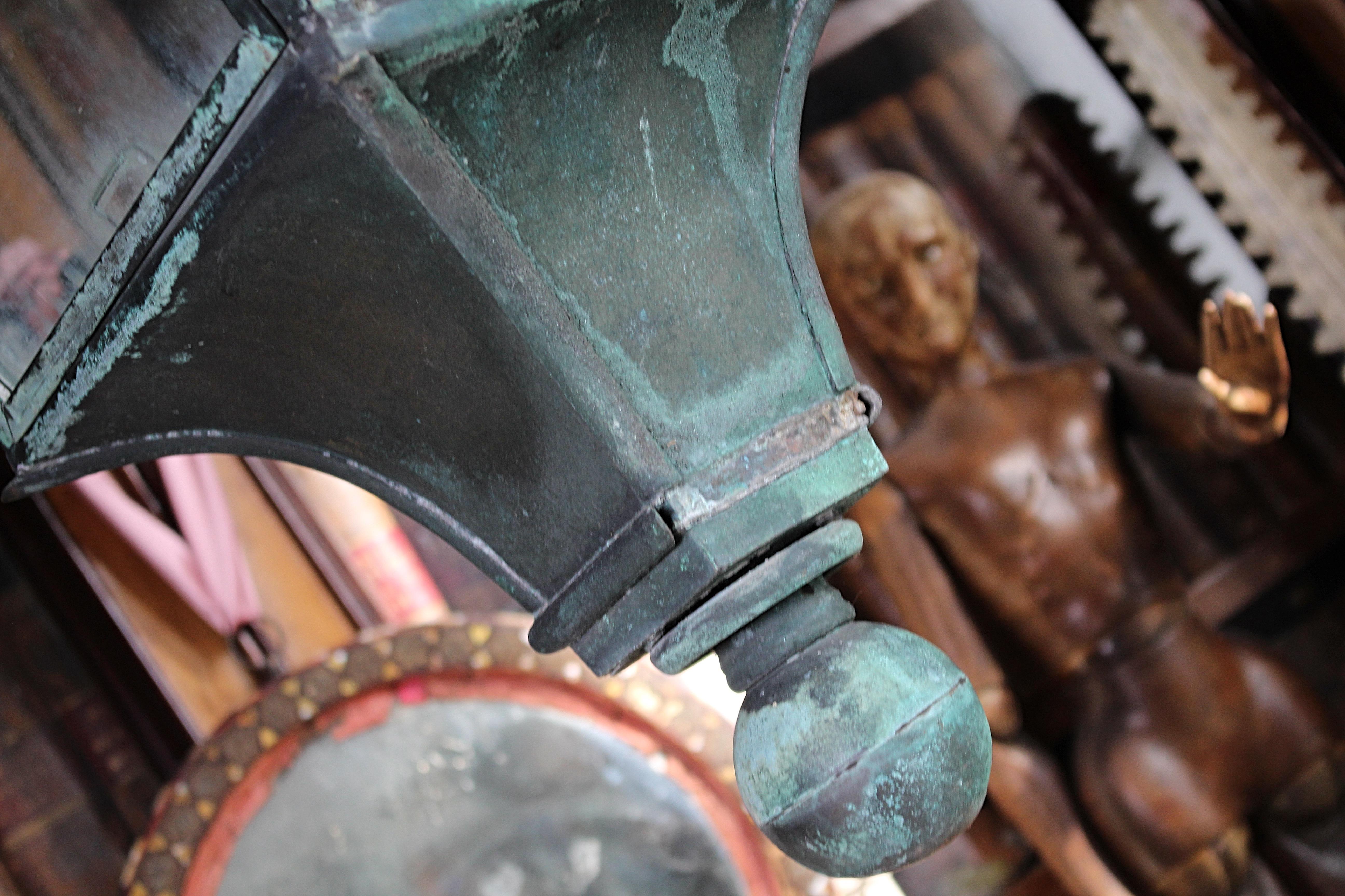 19th Century Large English Victorian Pagoda Verdigris Copper Glazed Lantern 2