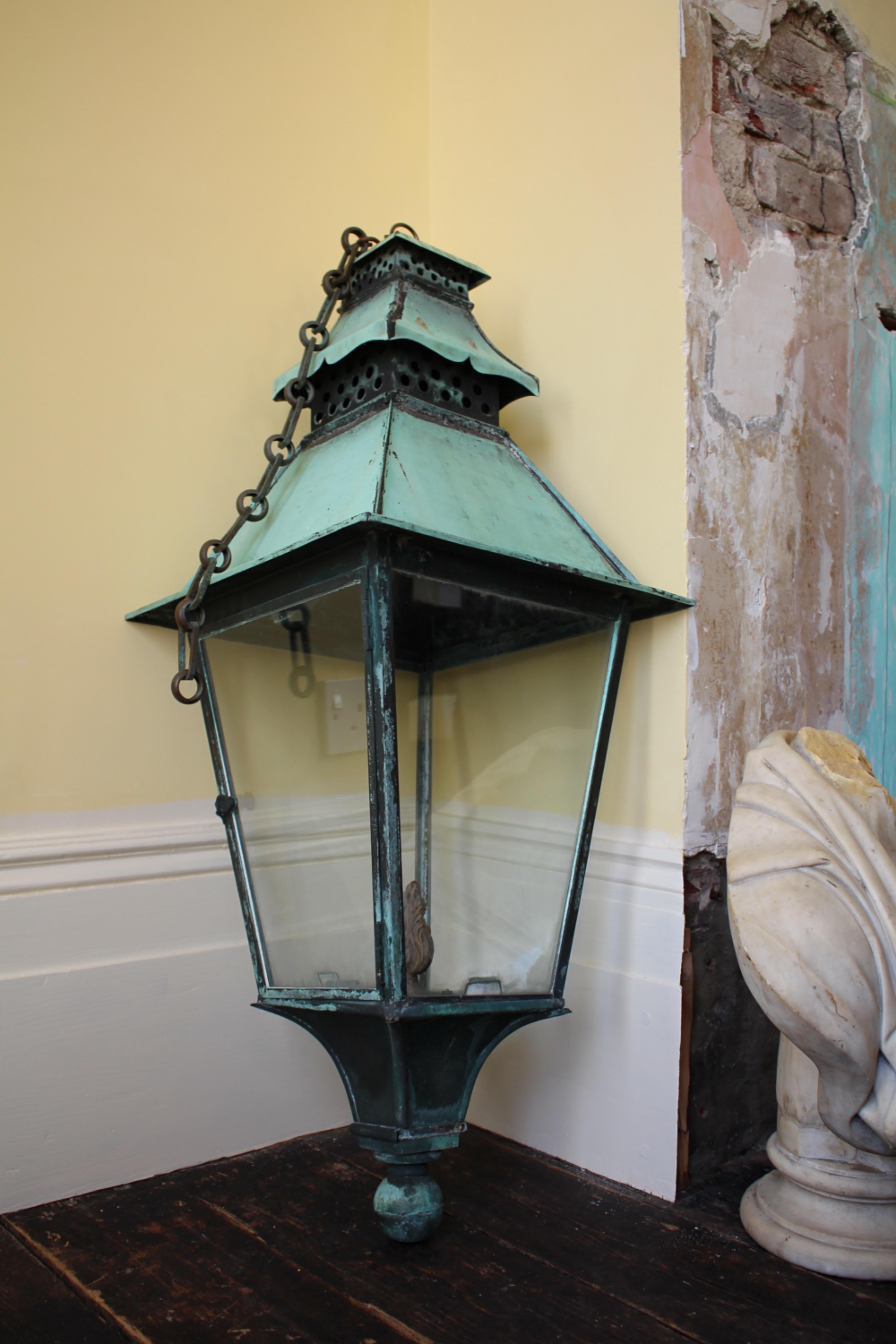 19th Century Large English Victorian Pagoda Verdigris Copper Glazed Lantern For Sale 4