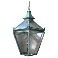 19th Century Large English Victorian Pagoda Verdigris Copper Glazed Lantern