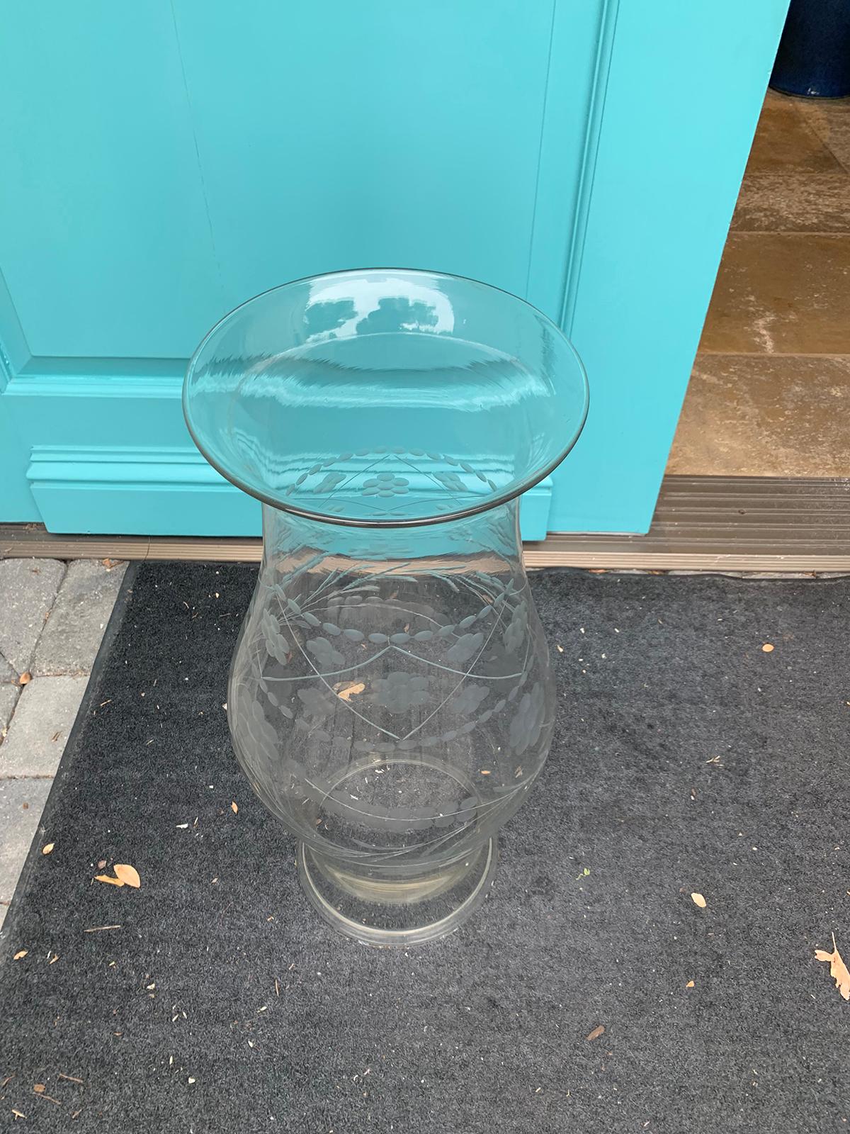 19th Century Large Etched Glass Hurricane 4