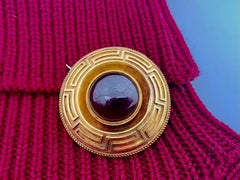 Large Antique Etruscan Revival 14K Yellow Gold Cabochon Garnet Disc Brooch