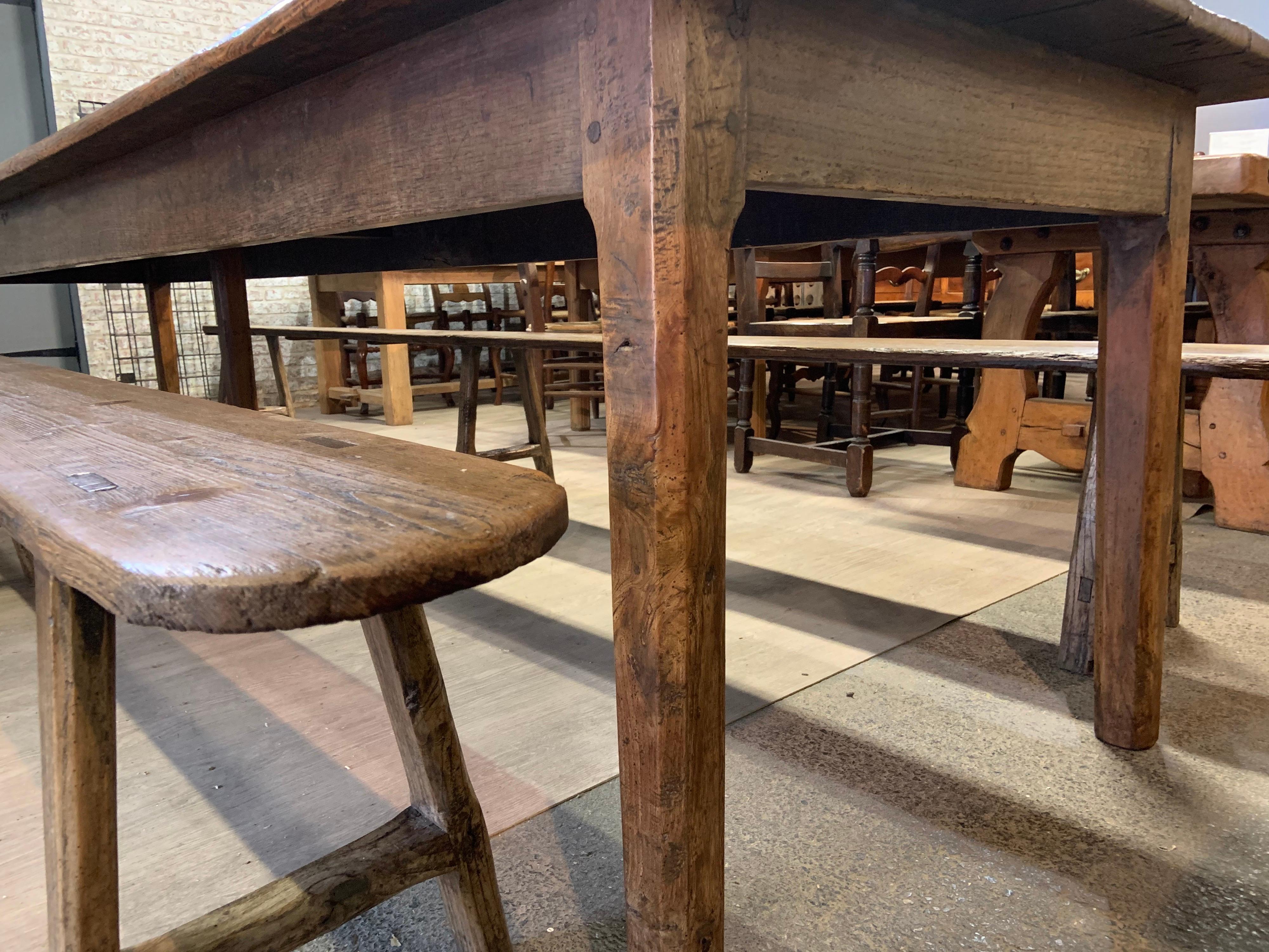 French 19th Century Large Farmhouse Table with Two Benches
