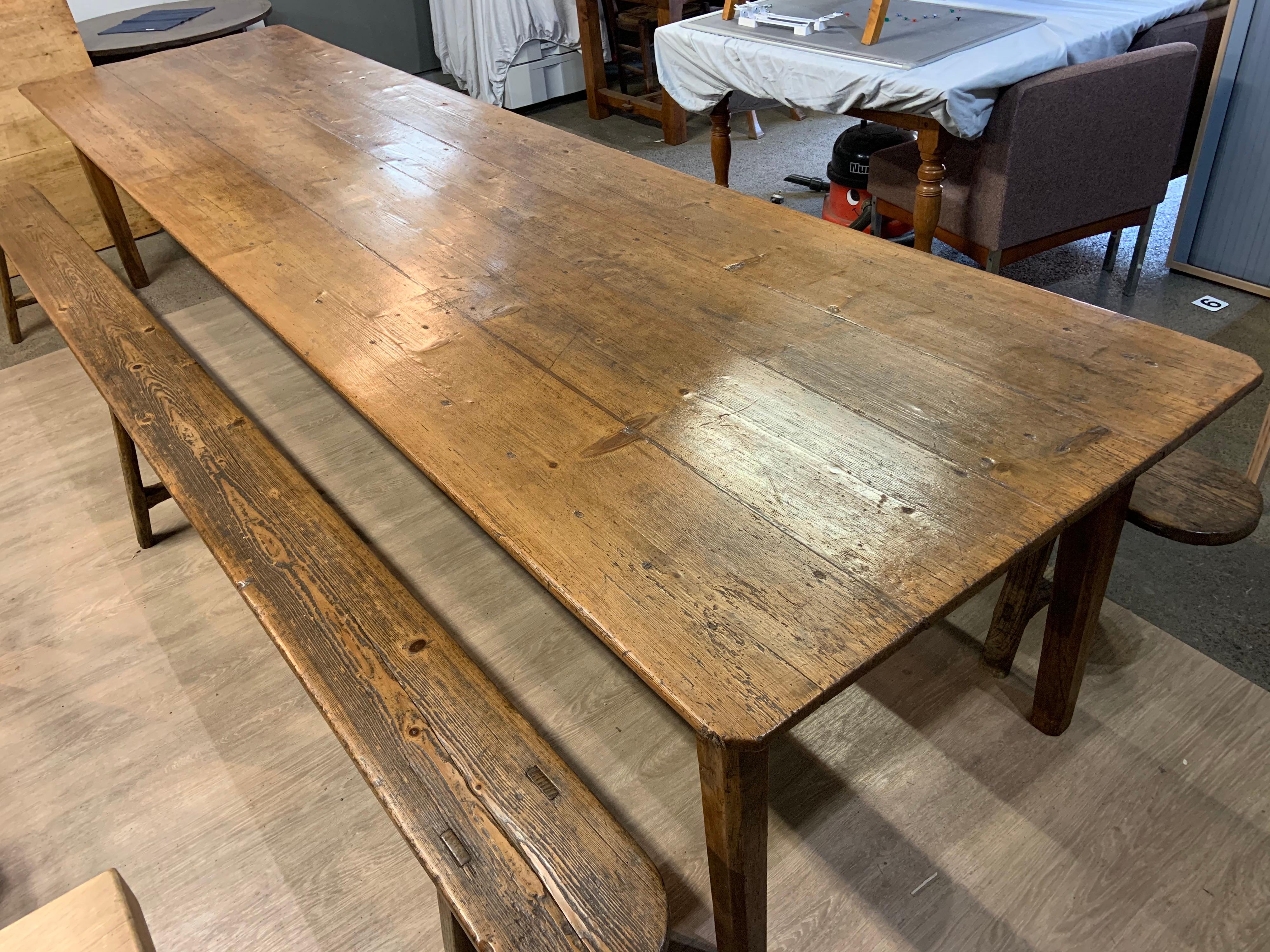 Hand-Crafted 19th Century Large Farmhouse Table with Two Benches