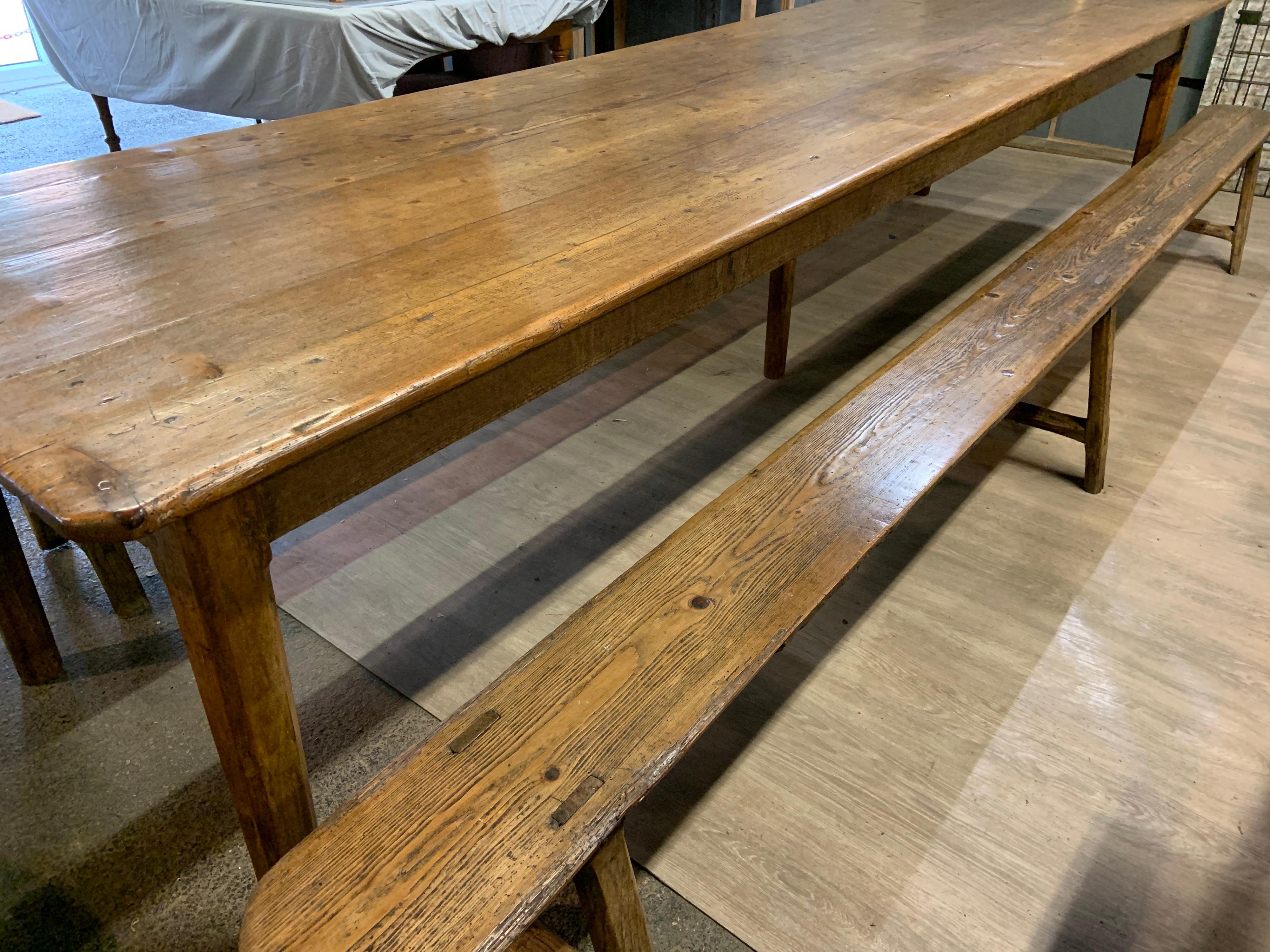 Pine 19th Century Large Farmhouse Table with Two Benches