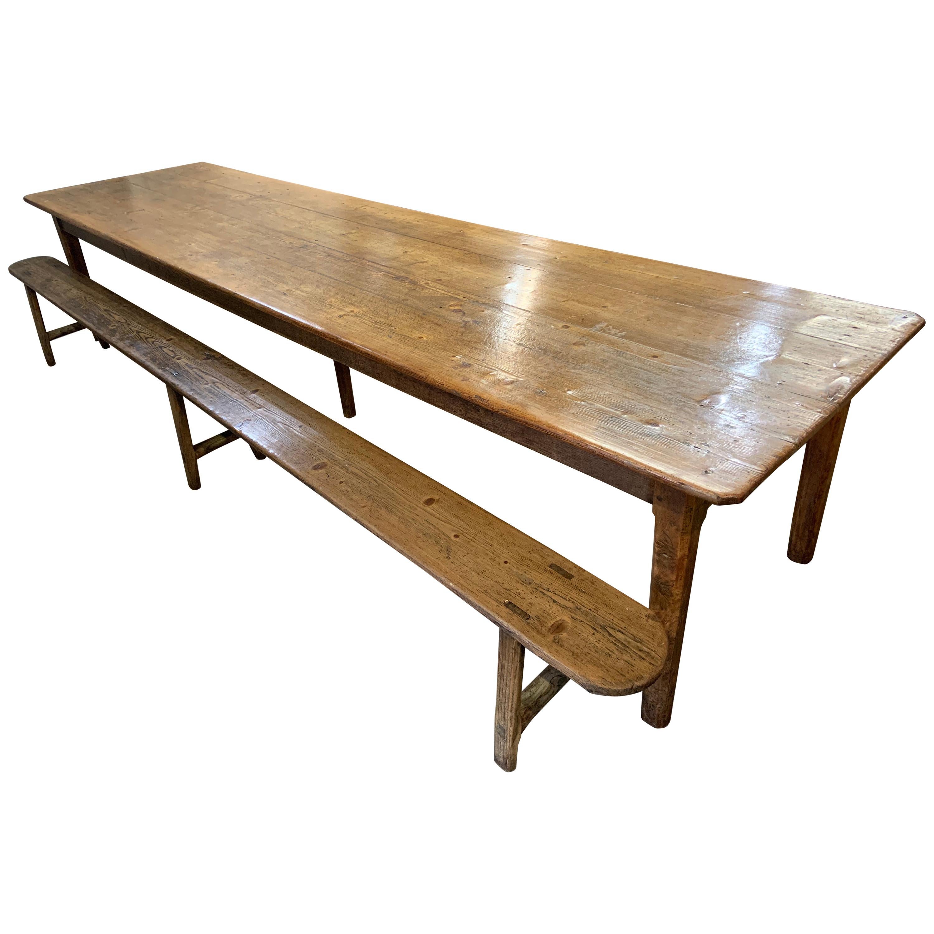 19th Century Large Farmhouse Table with Two Benches