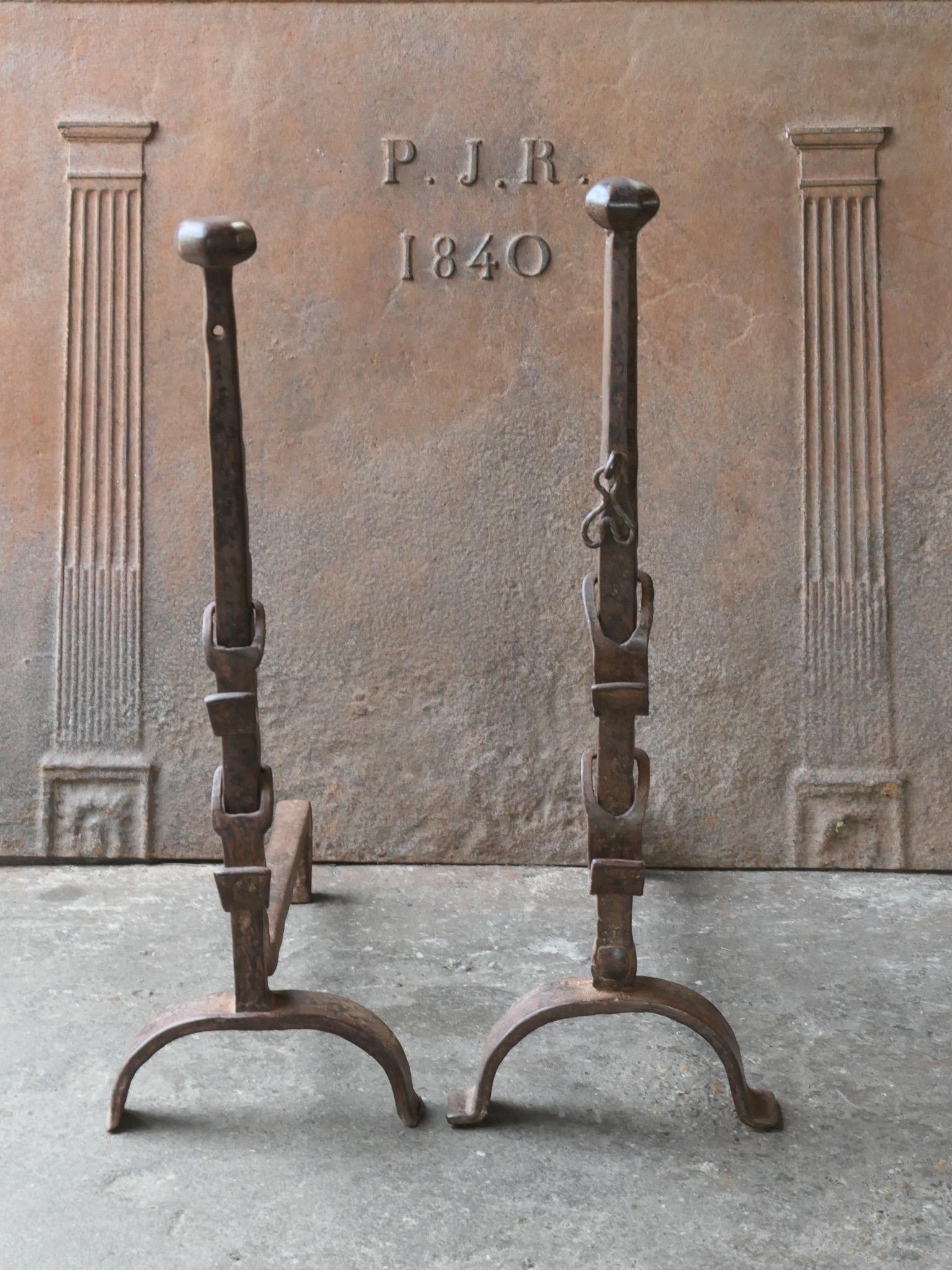 Forged 19th Century Large French Andirons, Firedogs, Louis XV Period For Sale