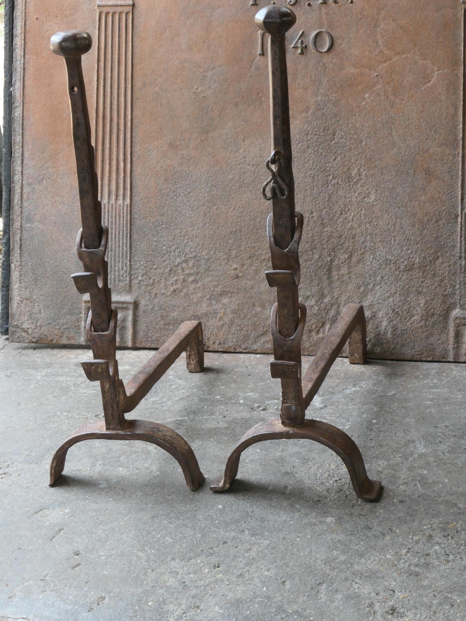 Wrought Iron 19th Century Large French Andirons, Firedogs, Louis XV Period For Sale
