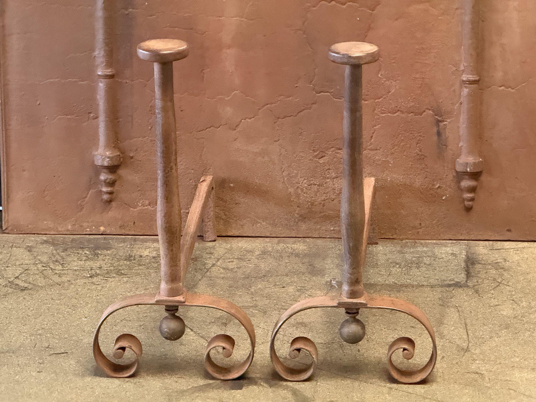 Forged 19th Century Large French Andirons, Firedogs, Victorian Period For Sale