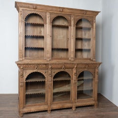 19th Century Large French Bleached Oak Carved Bookcase Display Cabinet