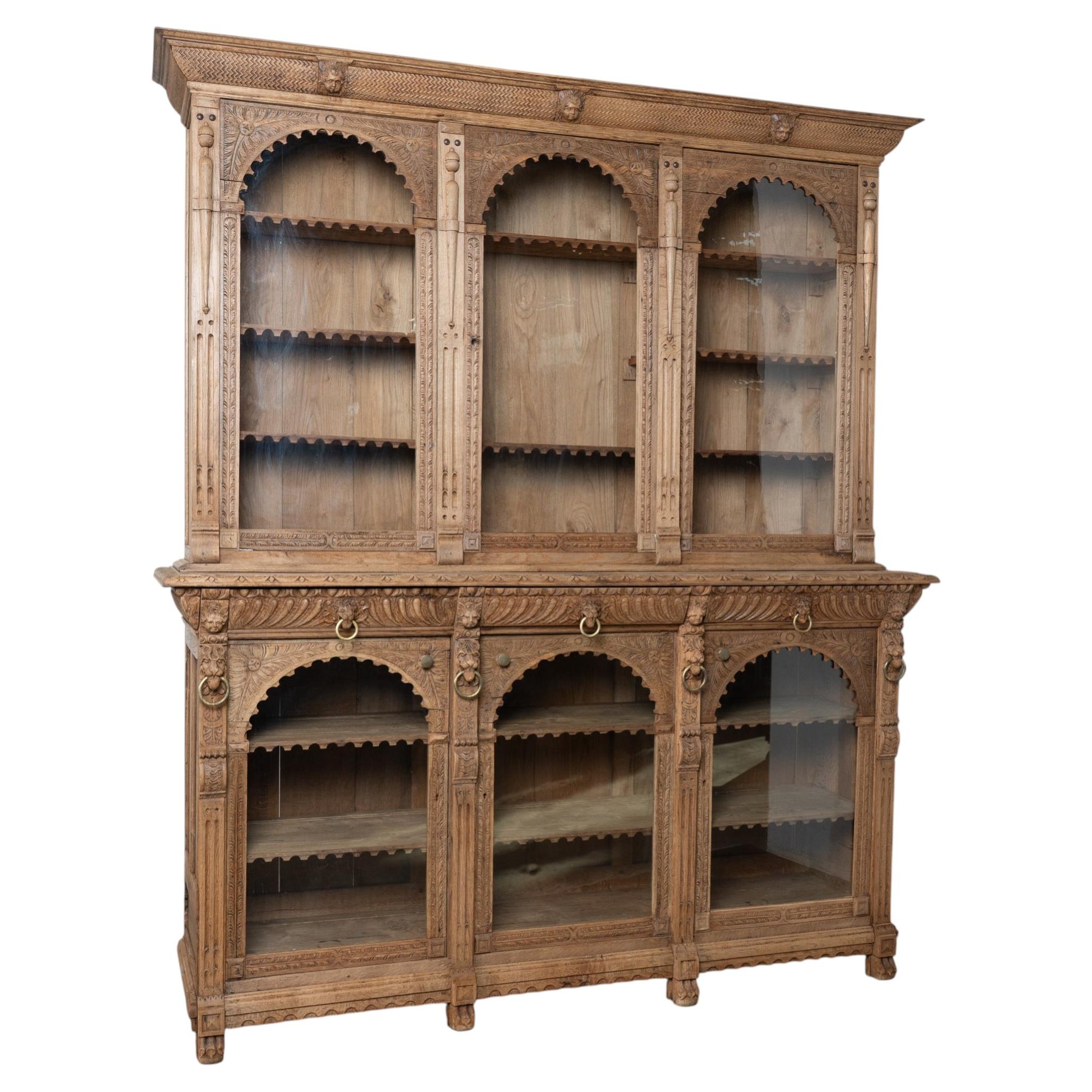 19th Century Large French Bleached Oak Carved Bookcase Display Cabinet