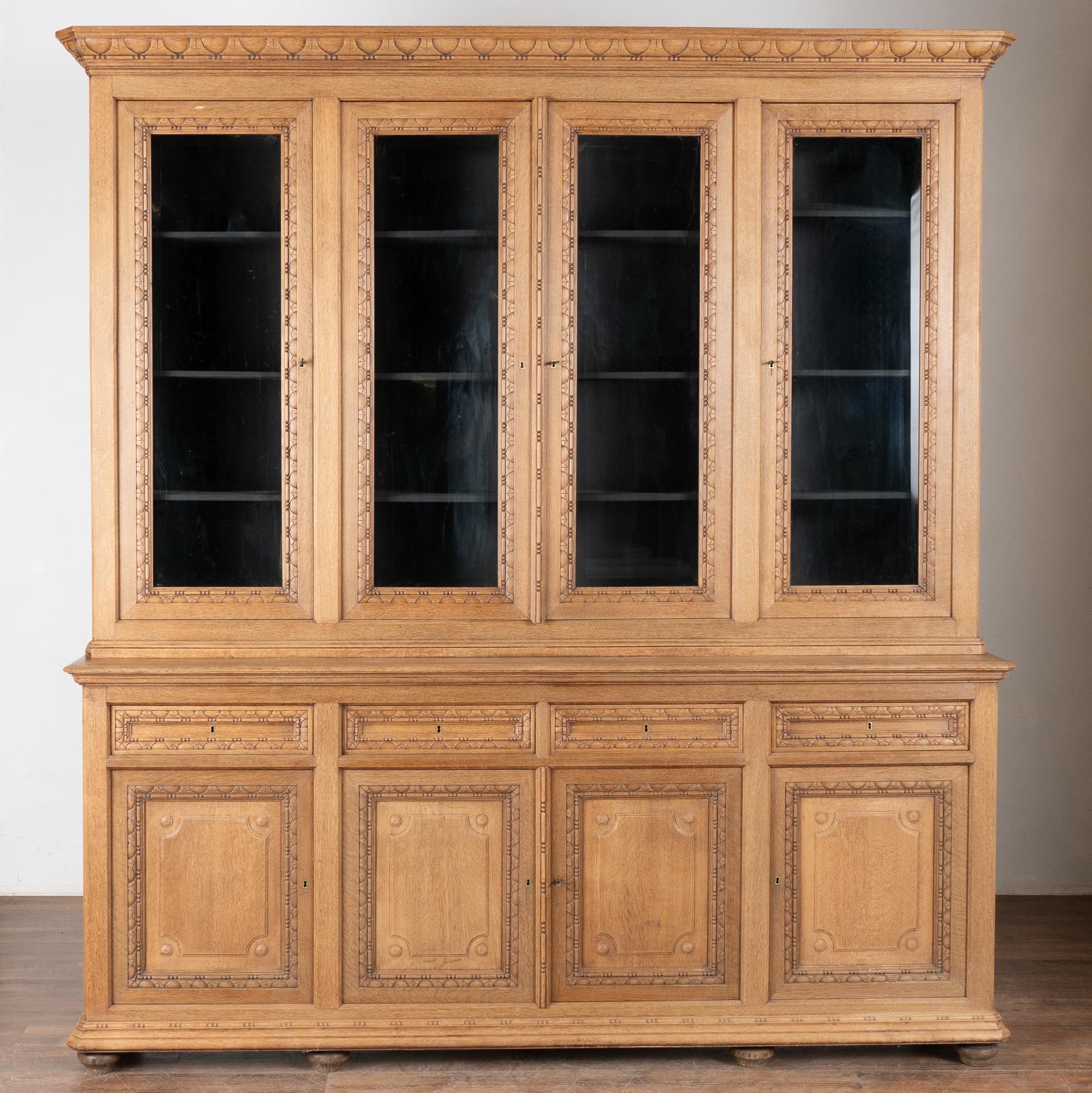 19th Century Large French Bleached Oak Four Door Display Cabinet Bookcase In Good Condition In Round Top, TX