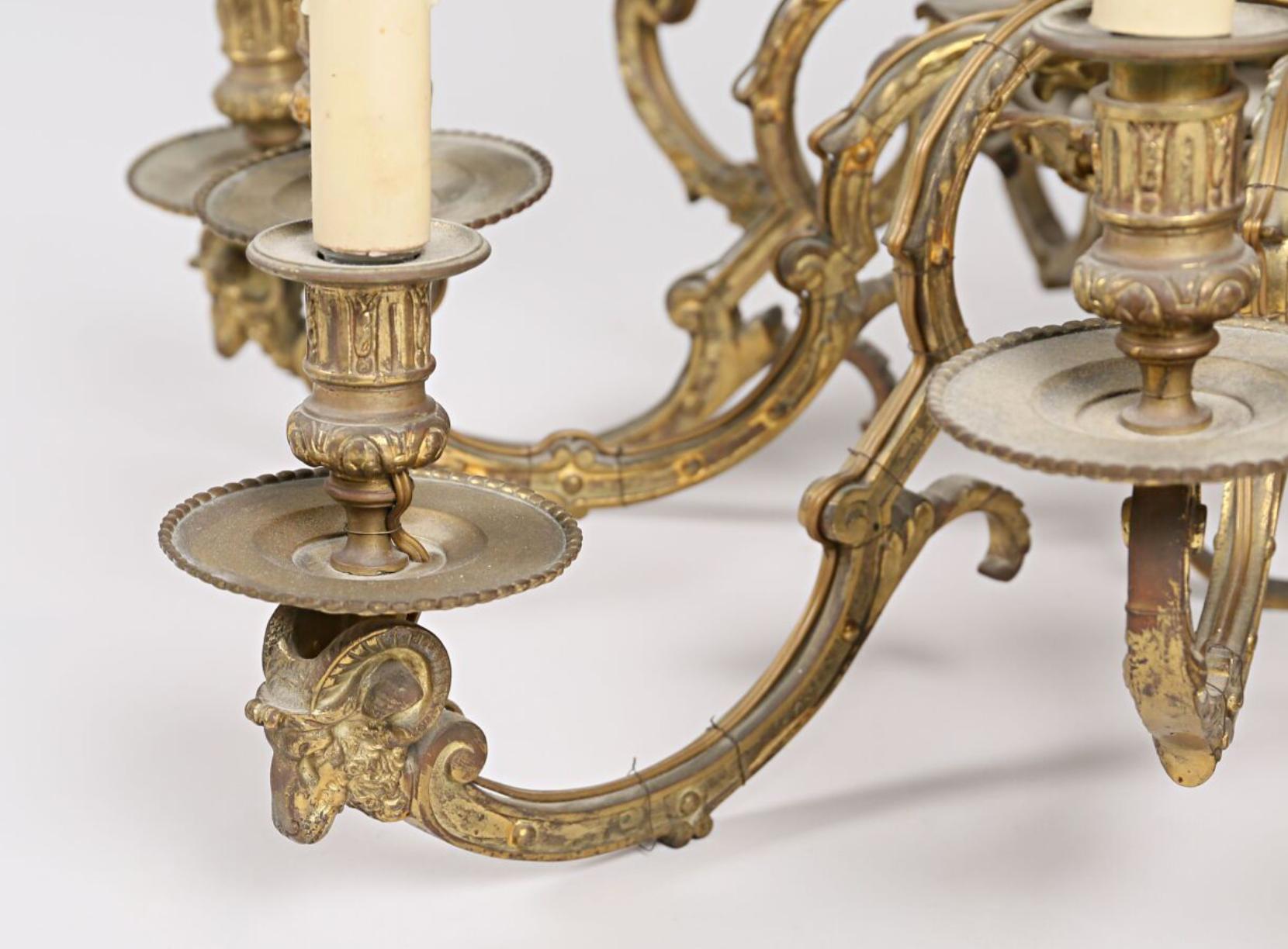 19th Century Large French Bronze Chandelier Decorated with Ram's Heads In Good Condition For Sale In Sofia, BG
