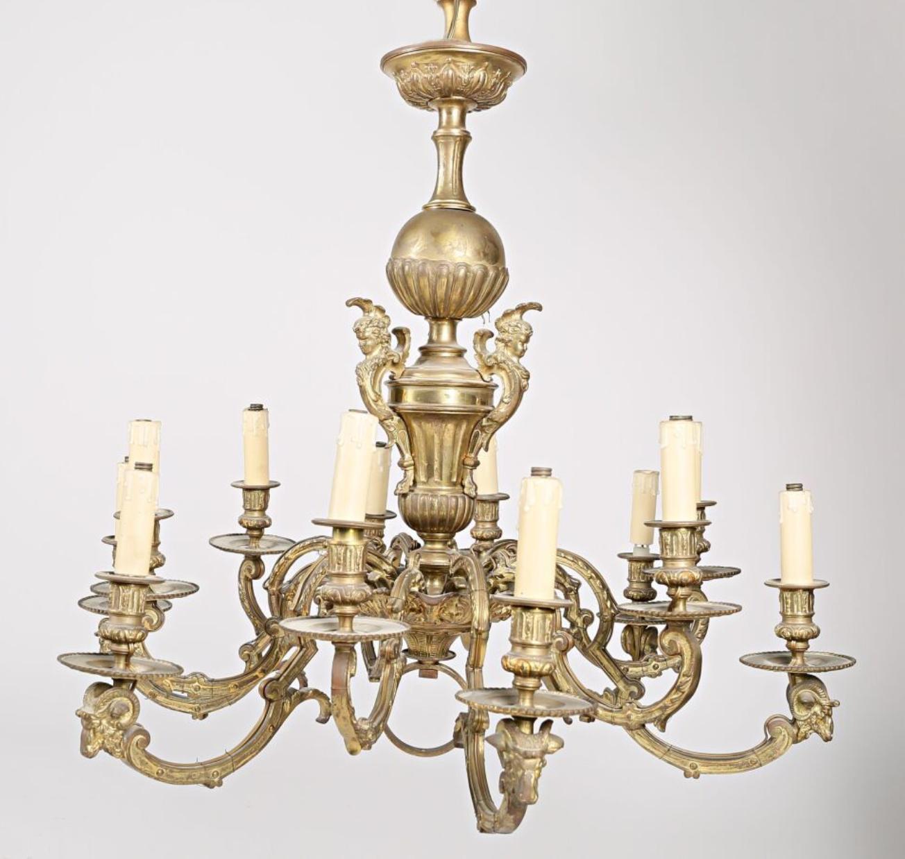 19th Century Large French Bronze Chandelier Decorated with Ram's Heads For Sale 1