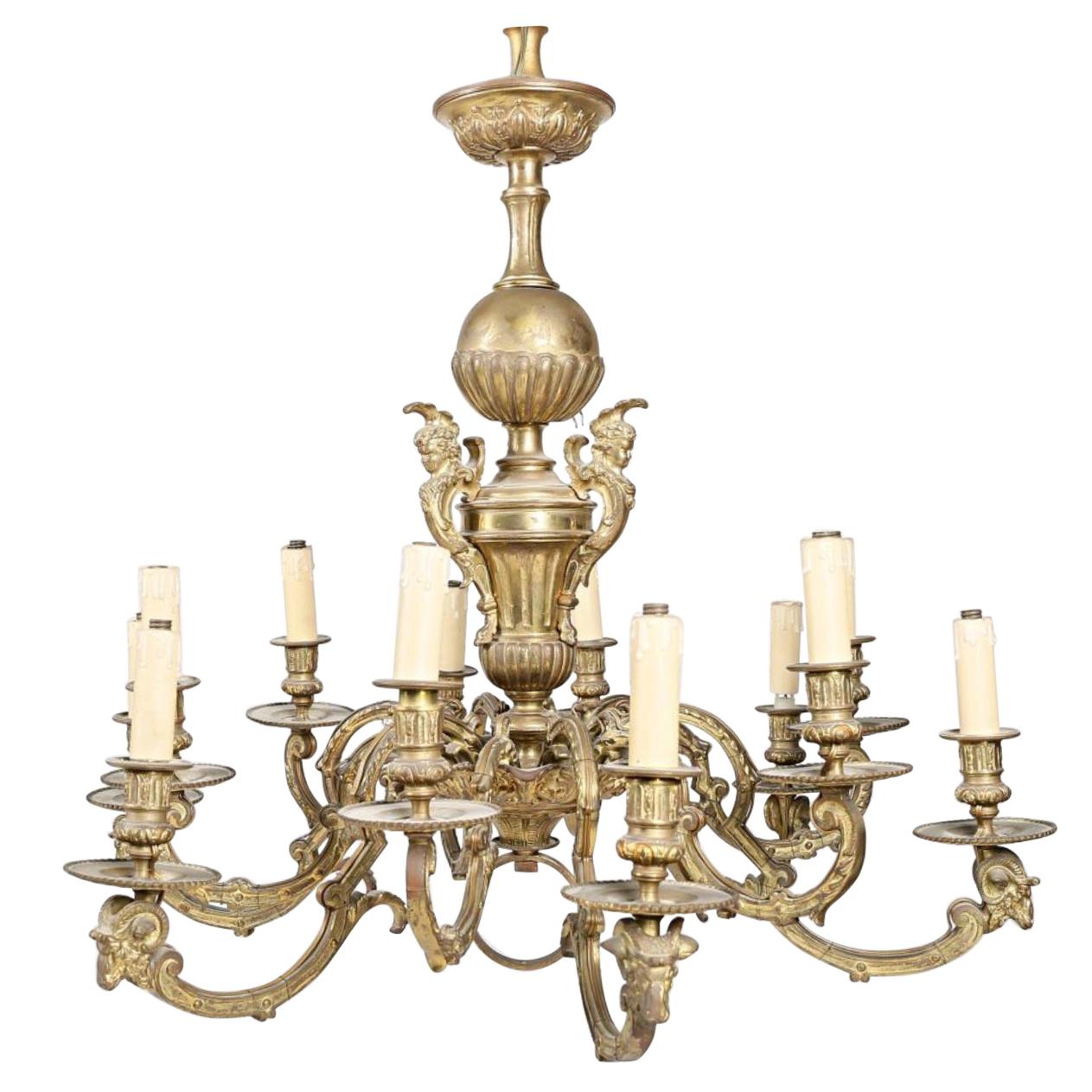 19th Century Large French Bronze Chandelier Decorated with Ram's Heads