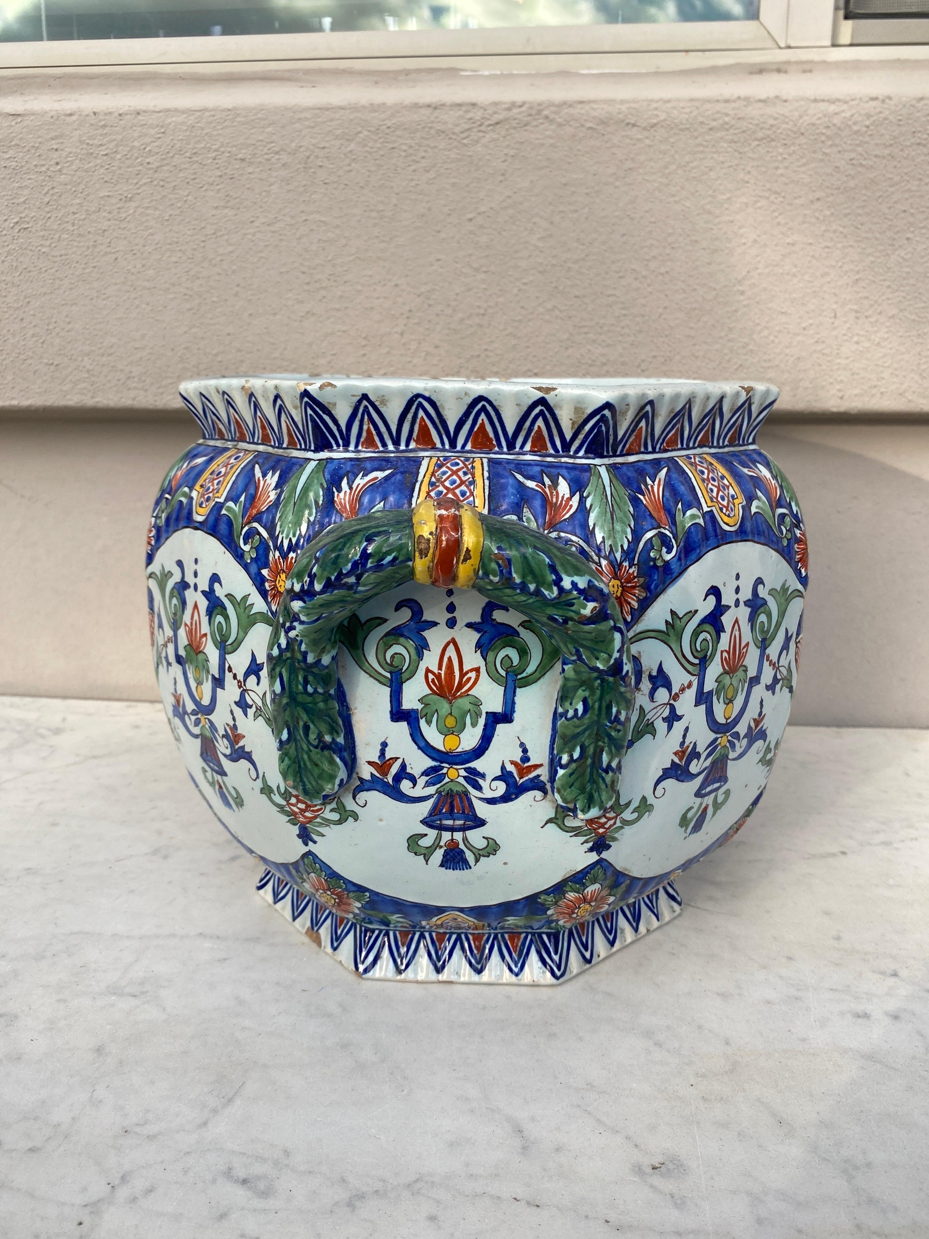 Rustic 19th Century Large French Faience Cachepot Fourmaintraux Desvres For Sale