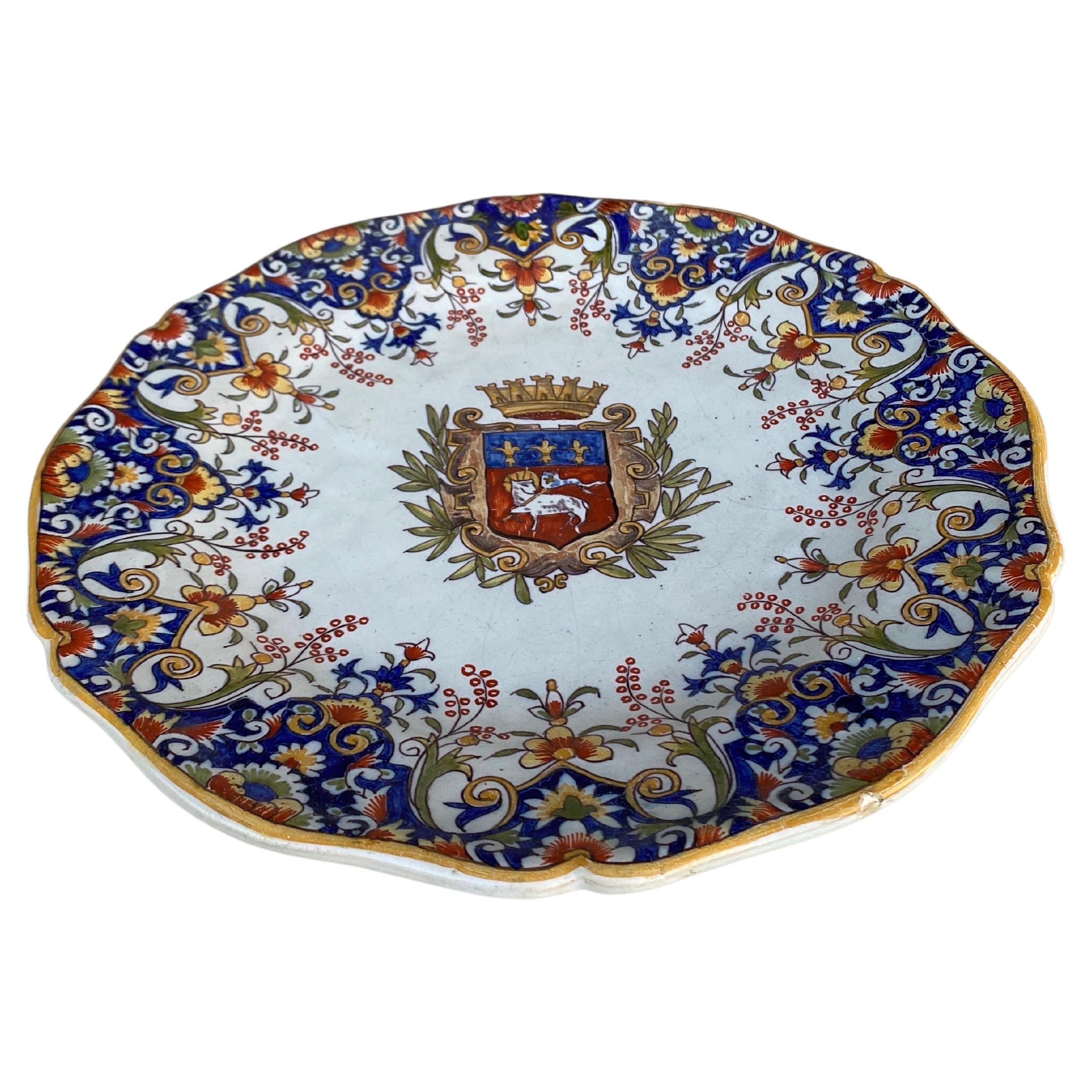 19th Century large French Faience platter with Armoiries Desvres marked Rouen.
12 inches diameter.