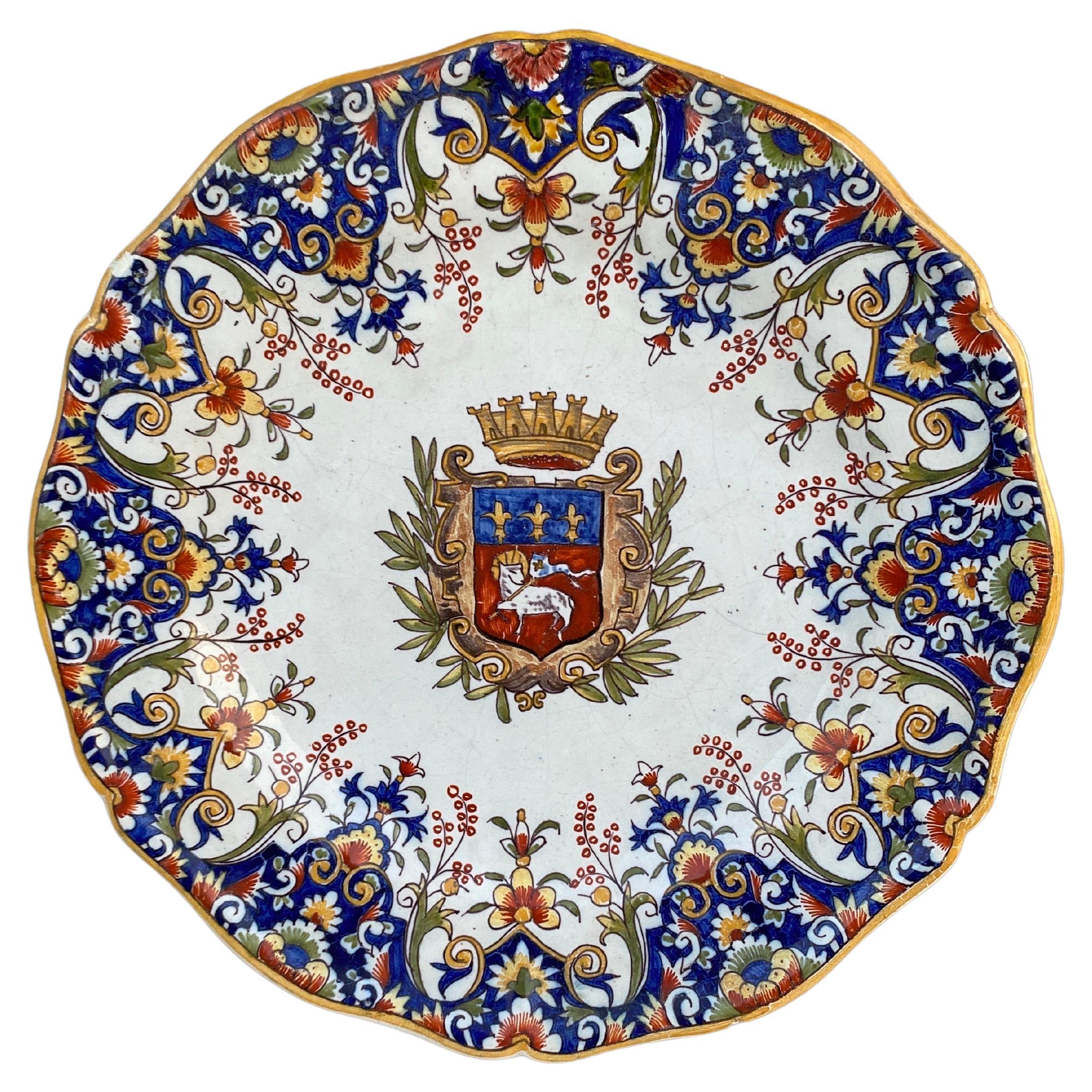 19th Century Large French Faience Platter with Armoiries Desvres For Sale
